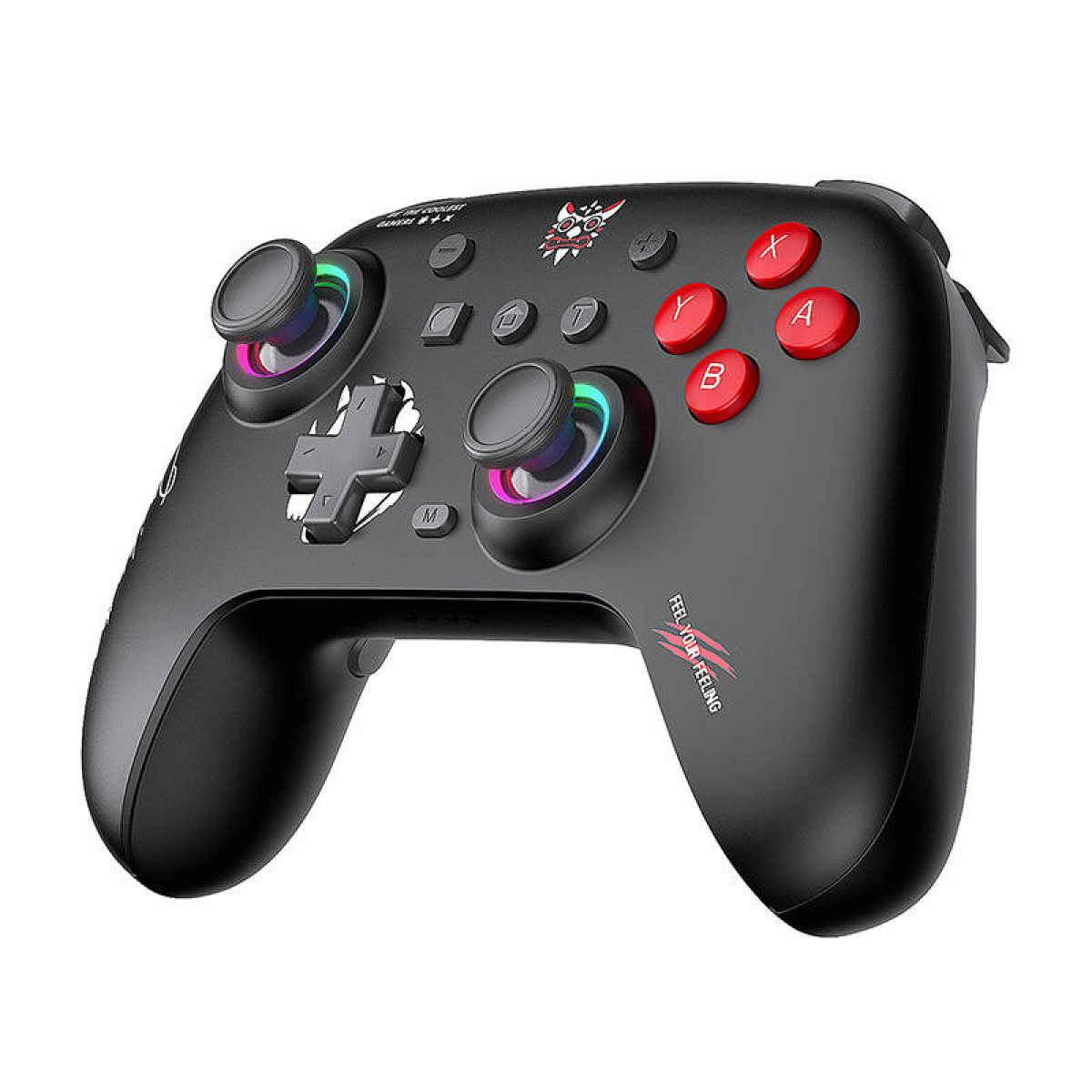 Schwarzes Gamepad mit bunten Tasten, Joysticks und Steuerkreuz. Auf weißem Hintergrund.