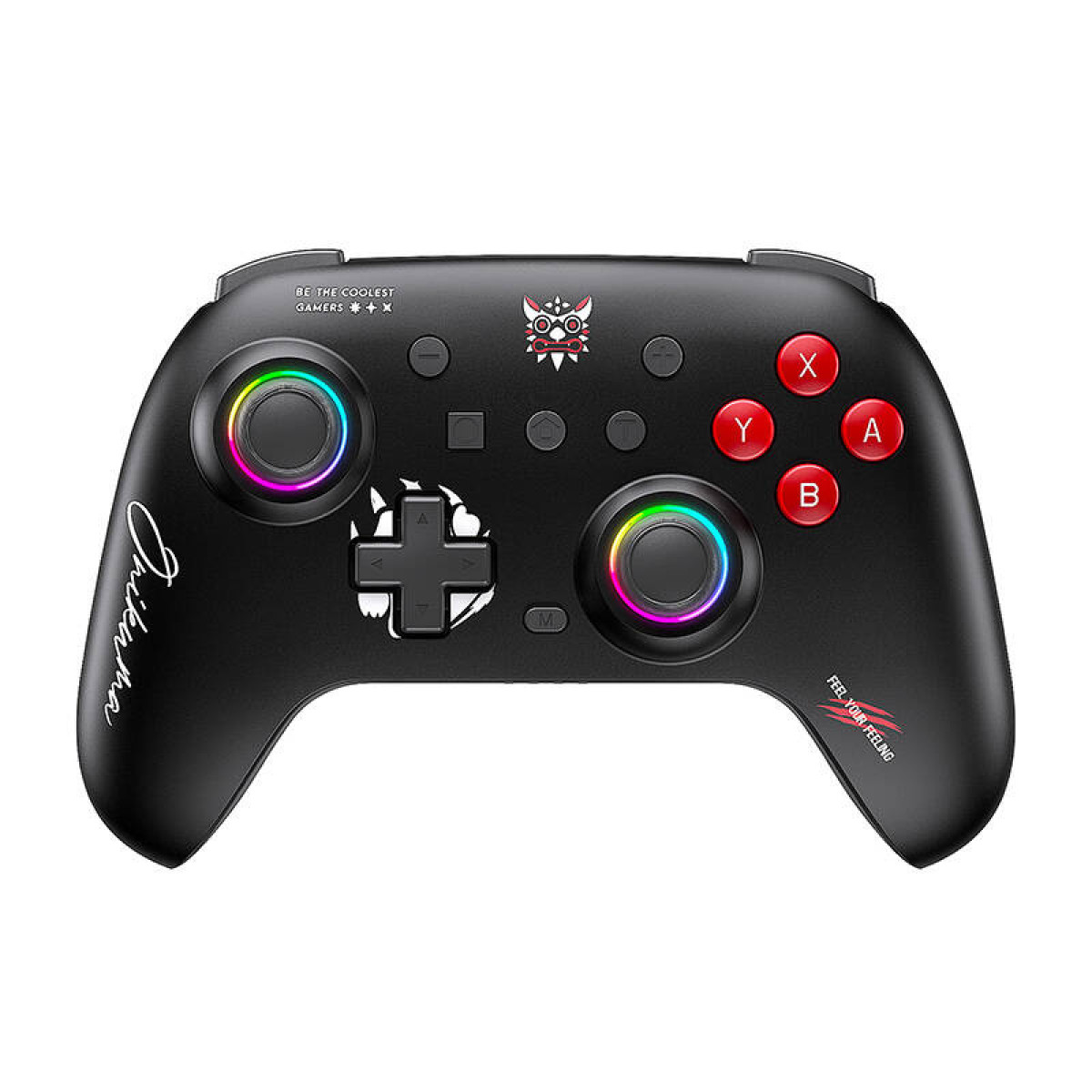 Schwarzer Gamecontroller mit farbigen Knöpfen: X, Y, A, B und Richtungstasten.