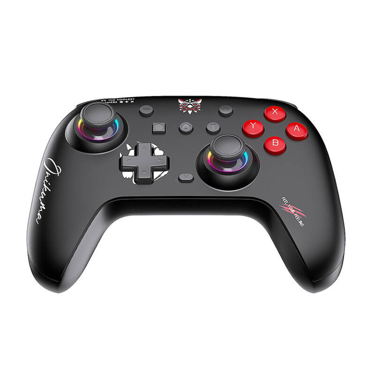 Schwarzes Gamepad mit bunten Joysticks und Tasten, beschriftet mit X, Y, A, B.
