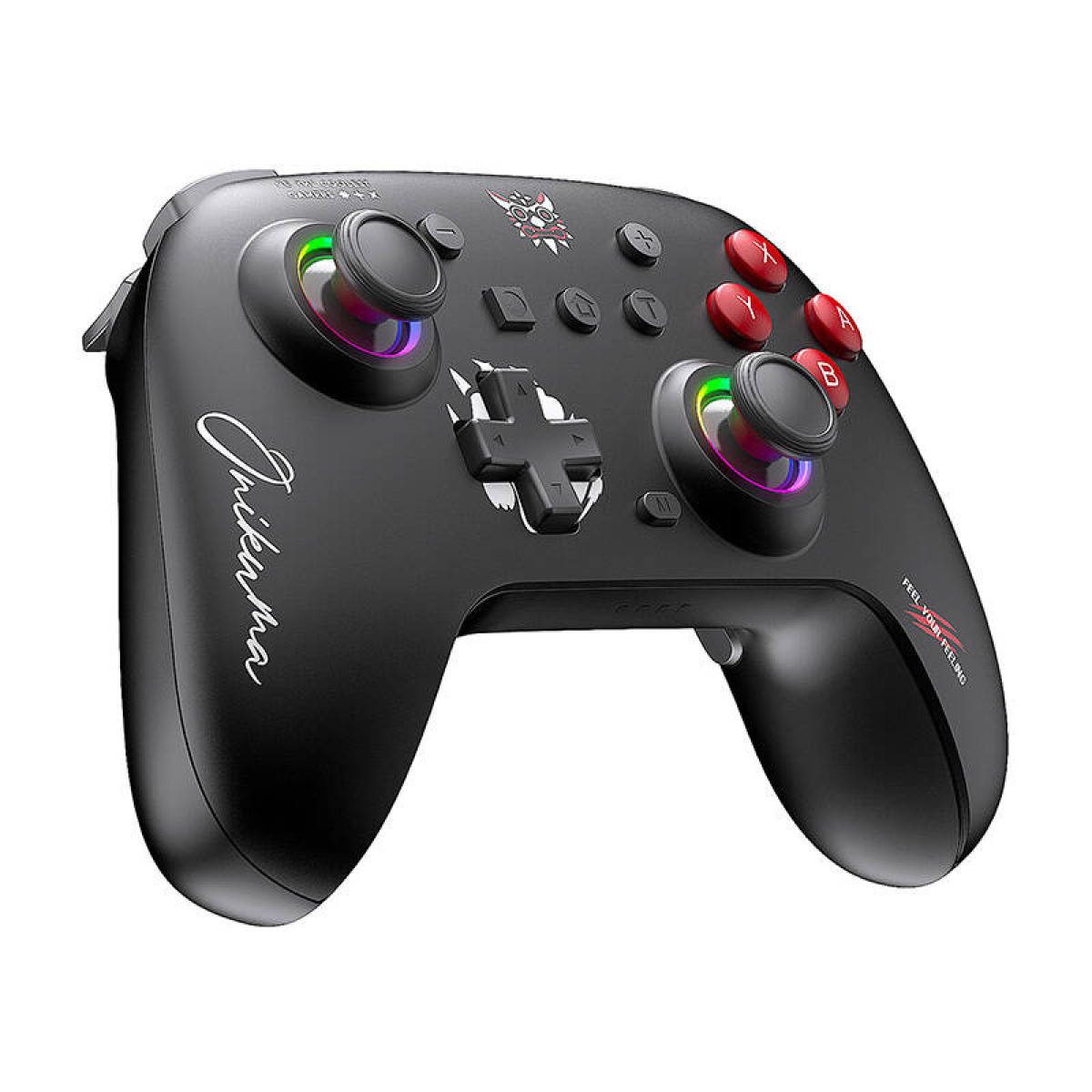 Schwarzer Gaming-Controller mit bunten Lichtern um Joysticks und Knöpfe, auf weißer Oberfläche.