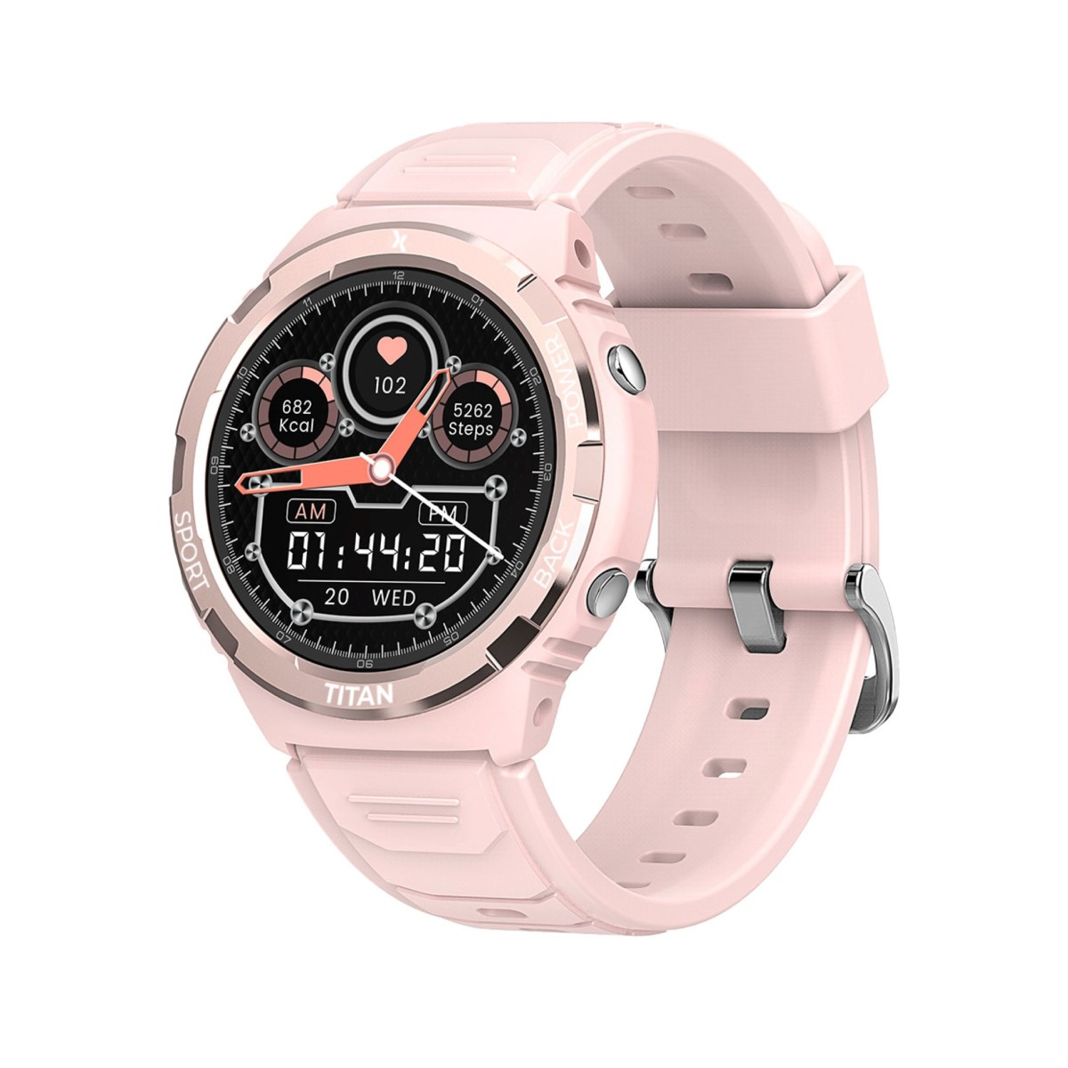 Uno smartwatch rosa con quadrante rotondo, che mostra tempo e metriche di salute.