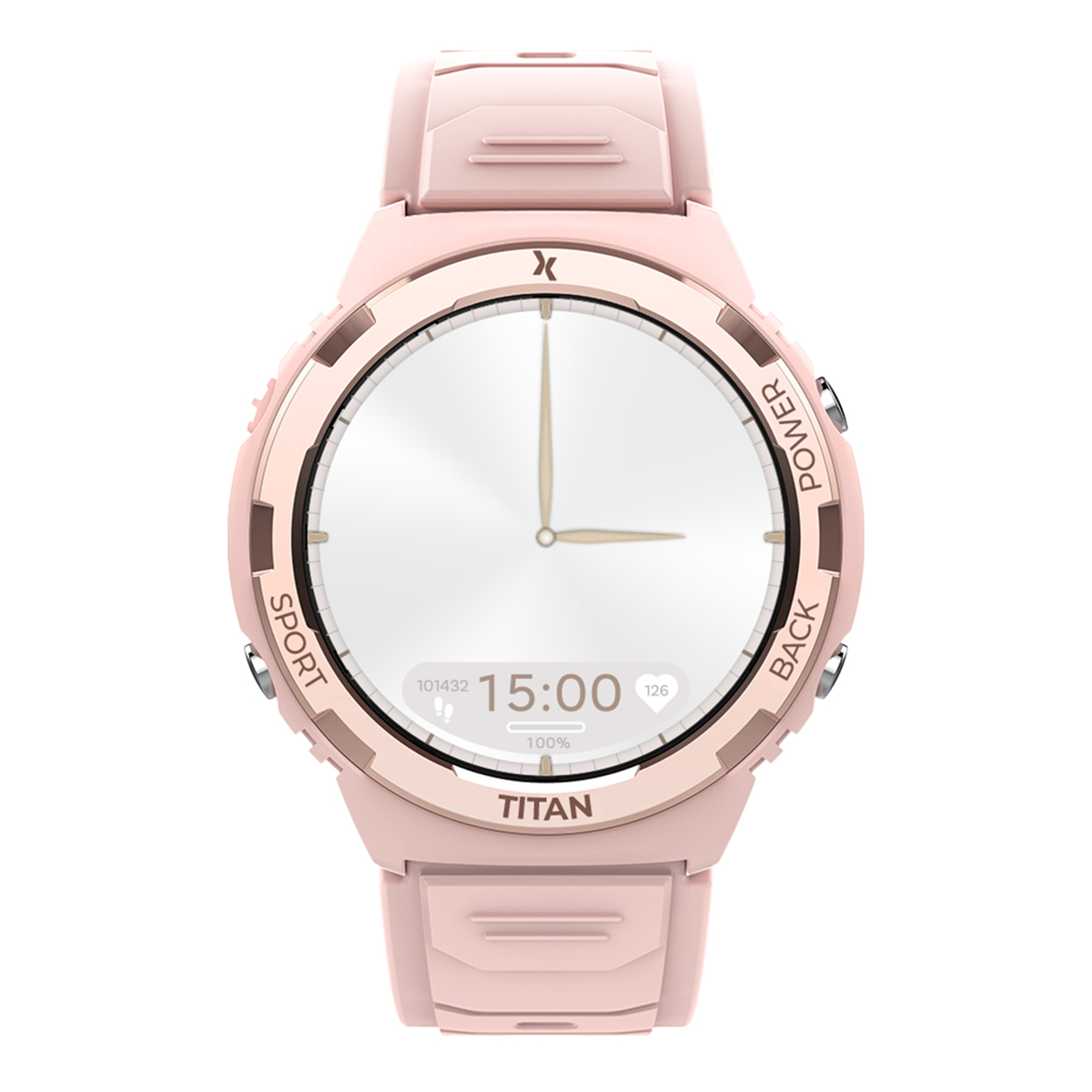 Smartwatch rosa con display circolare, mostra ora e metriche di salute.