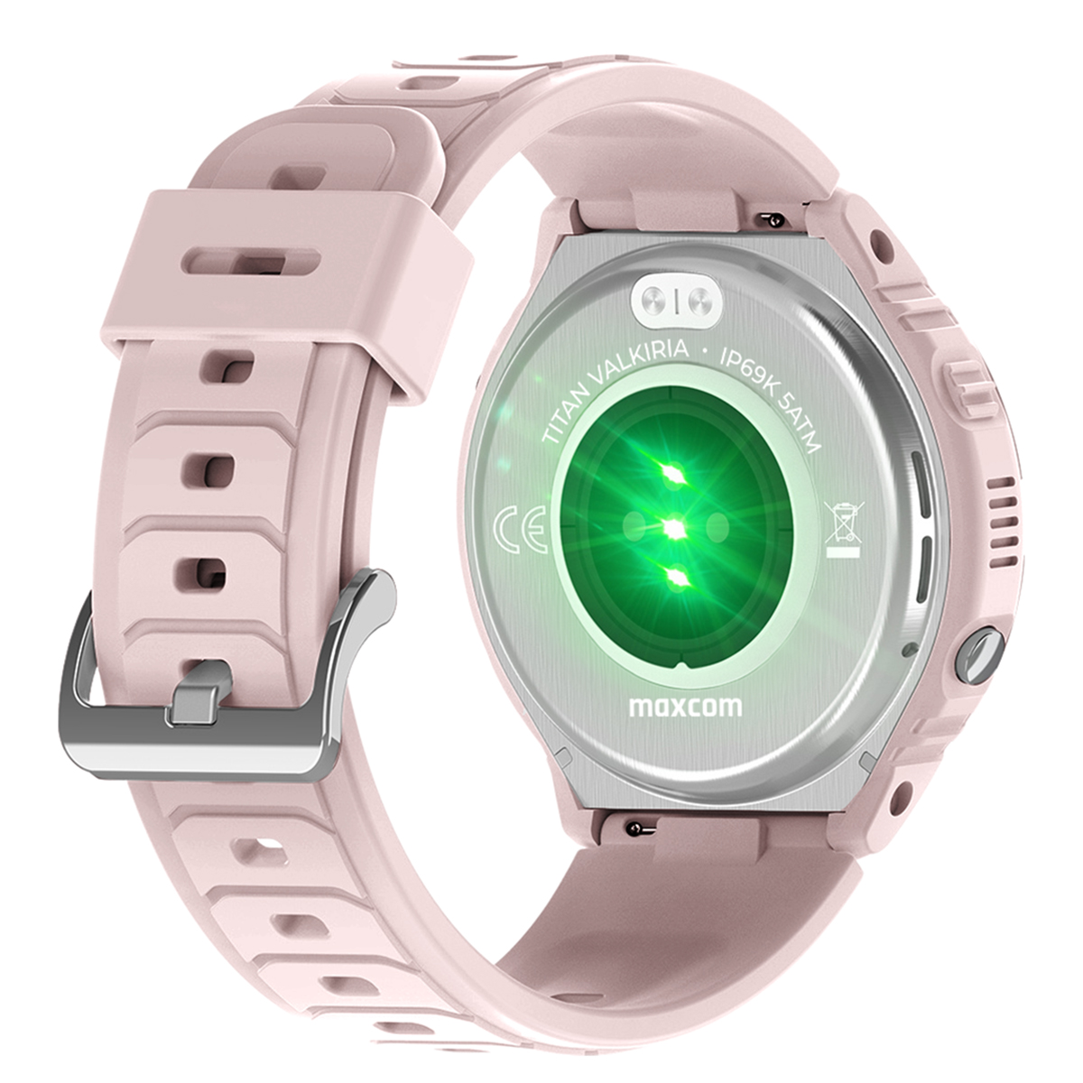 Uno smartwatch rosa con cinturino rosa, che mostra il retro con il sensore e i dettagli.