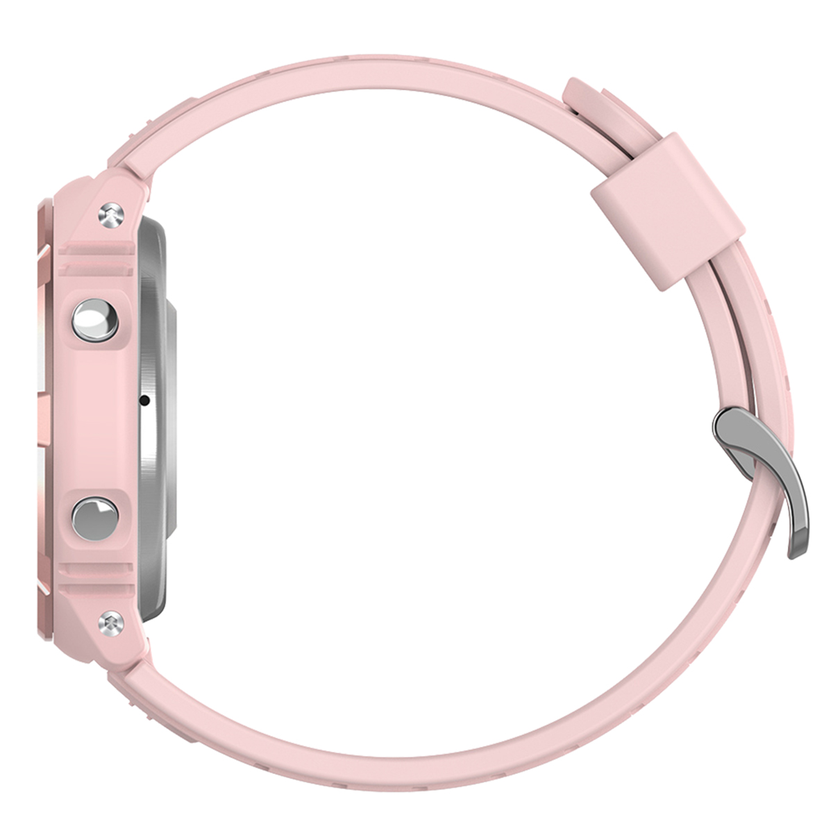 Uno smartwatch rosa con cinturino rosa, visto di lato. L'orologio ha due pulsanti.