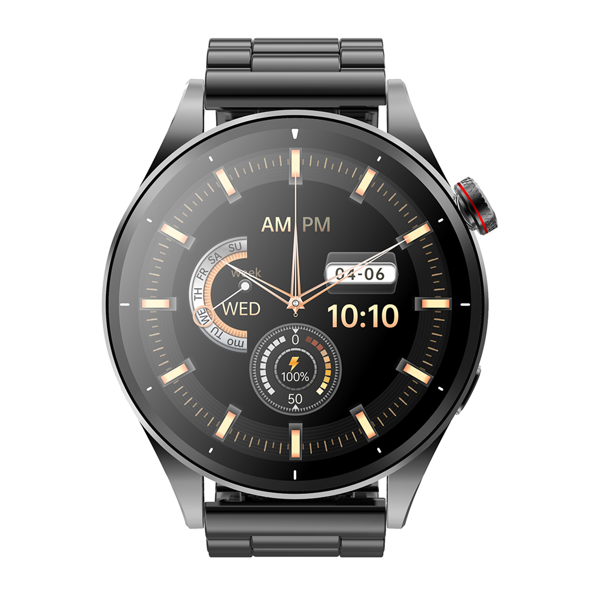 Montre connectée noire avec un cadran rond. Affiche l'heure, la date et le niveau de batterie.