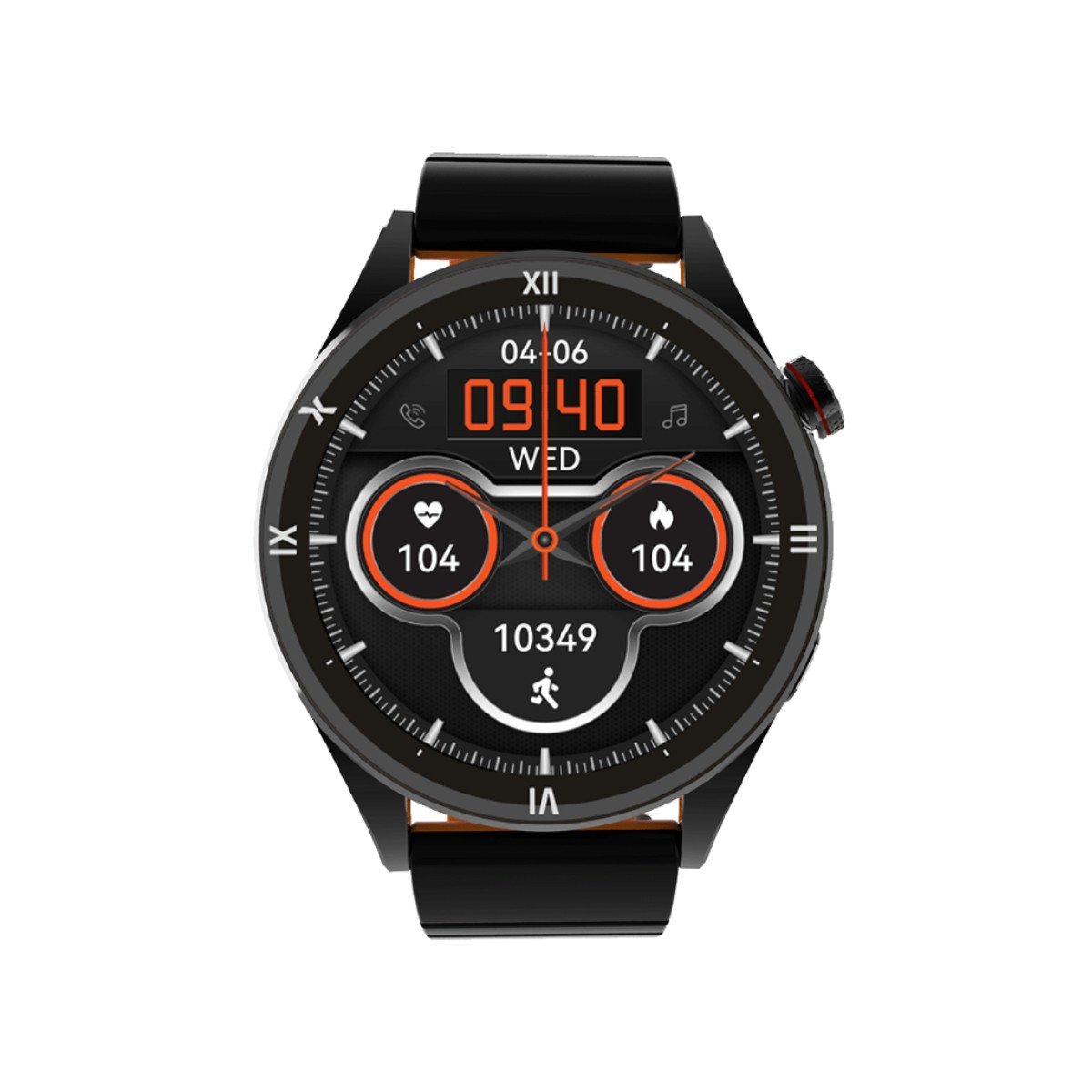 Montre connectée noire avec affichage numérique indiquant l'heure, la fréquence cardiaque et les pas. Accents orange sur fond blanc.