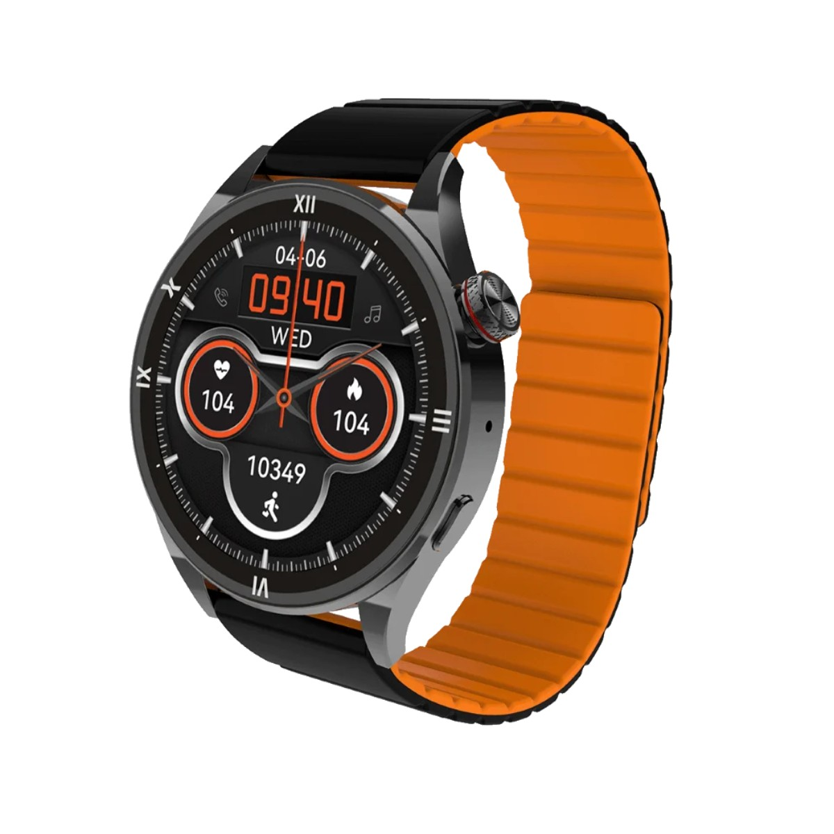 Une montre connectée avec un bracelet noir et un bracelet orange, affichant l'heure et les données de santé sur un écran rond.