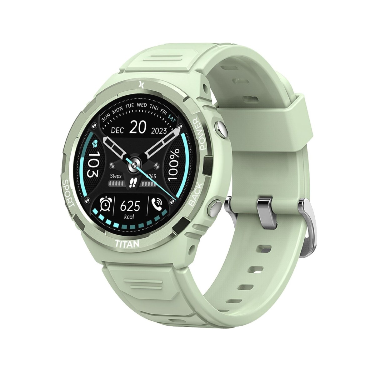 Uno smartwatch verde chiaro con display rotondo che mostra data, ora e statistiche.