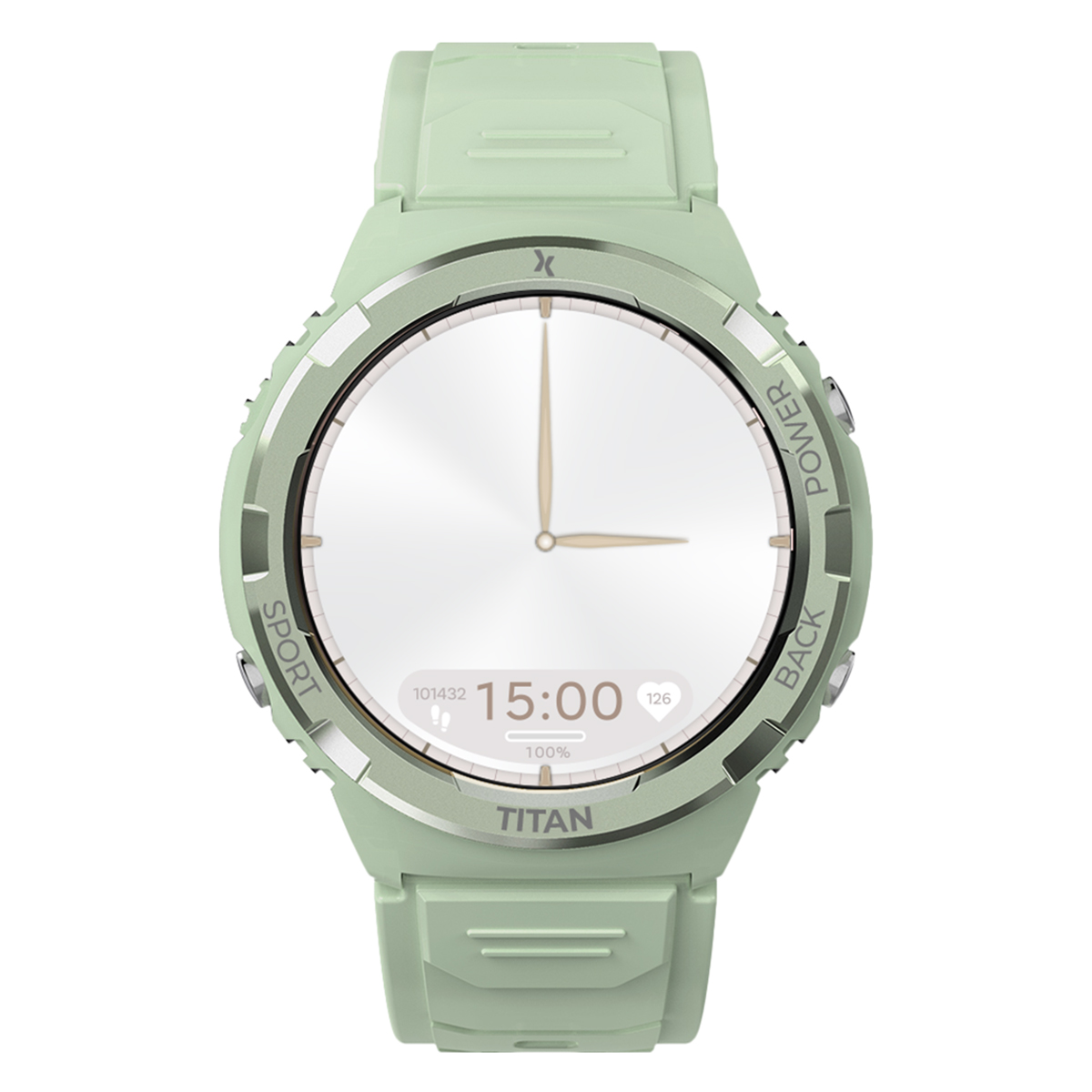 Uno smartwatch Titan verde menta. Il quadrante mostra l'ora e altri dati di attività.