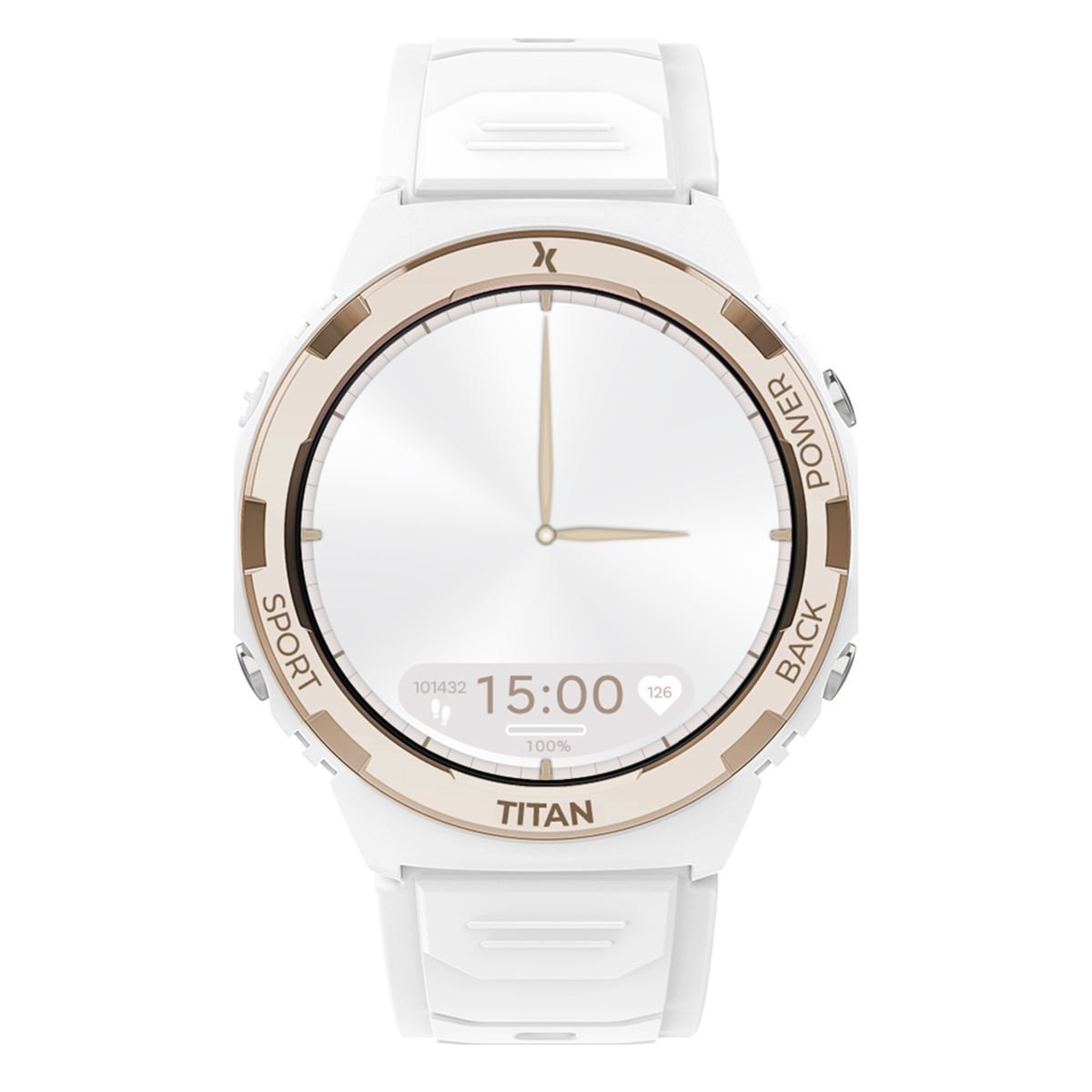 Une smartwatch blanche avec une bordure dorée et un bracelet blanc. La montre affiche l'heure 15:00 et la fréquence cardiaque.
