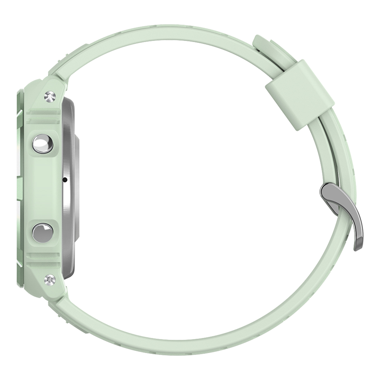 Una vista laterale di un orologio verde chiaro con un cinturino verde chiaro e pulsanti argentati.