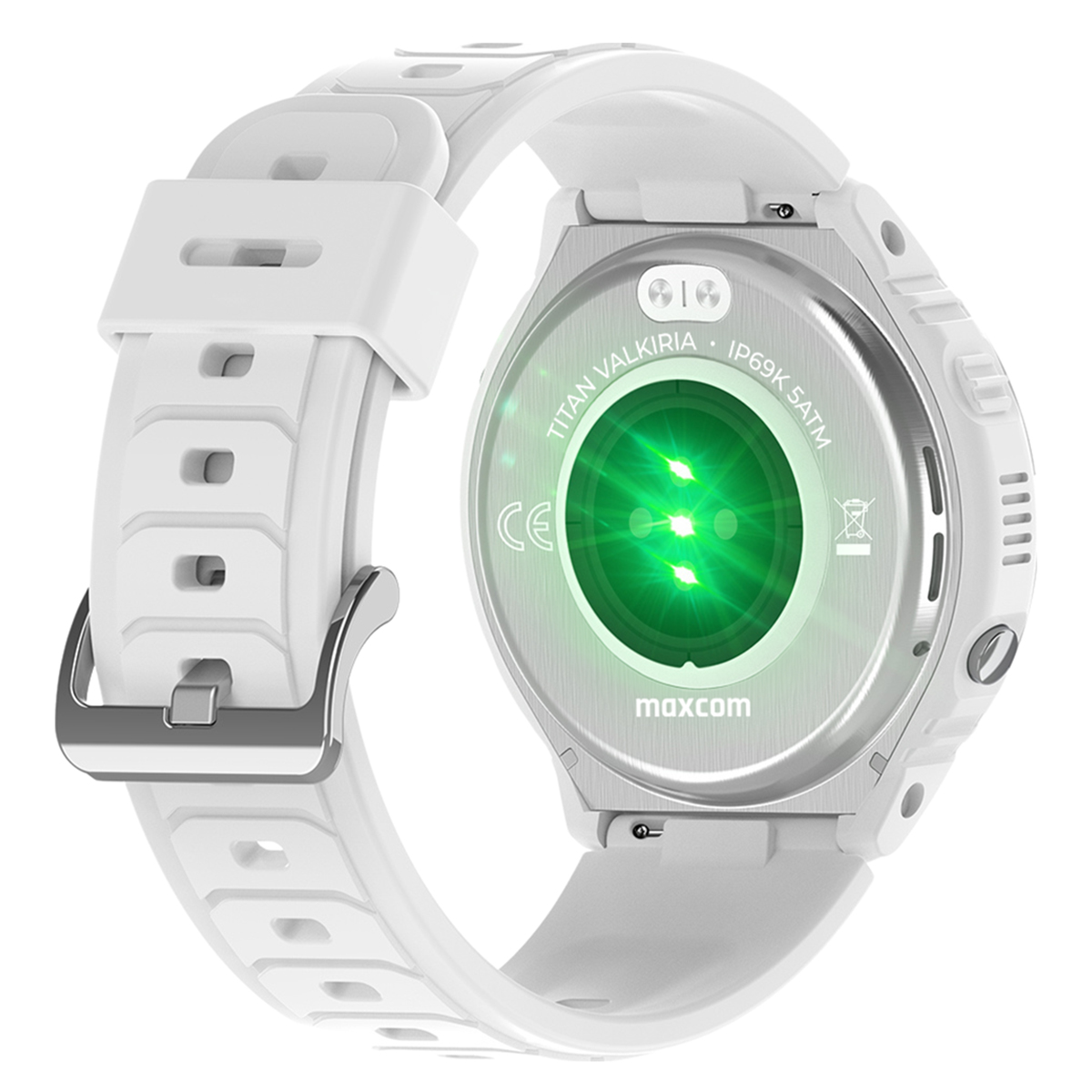 Dos d'une smartwatch blanche montrant le capteur de fréquence cardiaque vert. Bracelet et boîtier blancs.