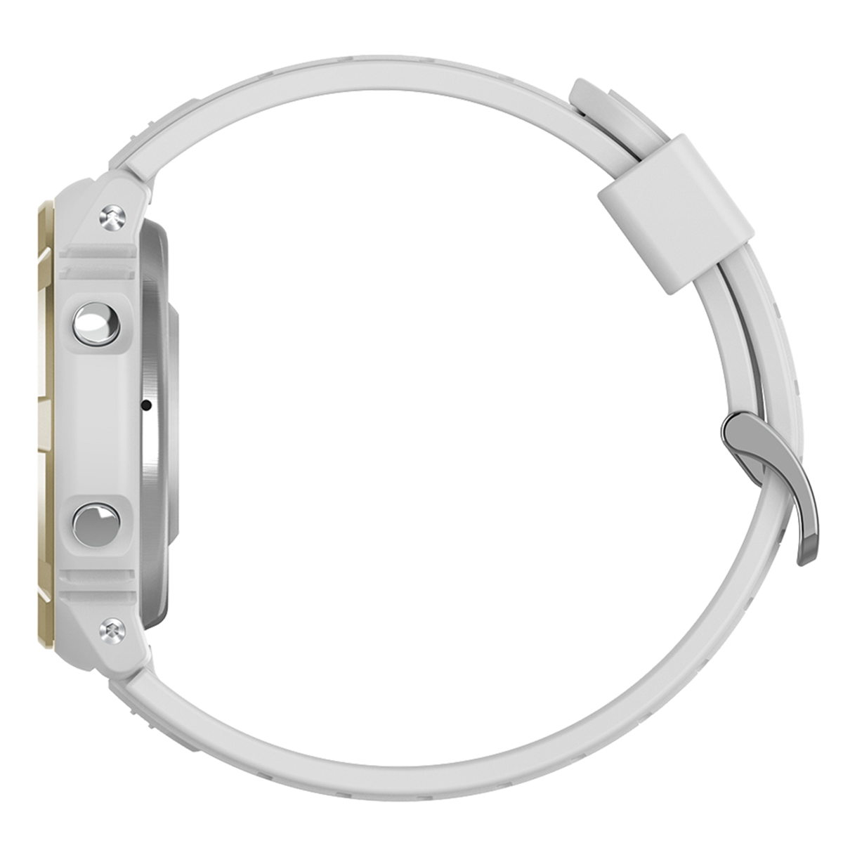 Une montre blanche, vue de côté, avec un bracelet blanc et un côté doré, sur fond blanc.