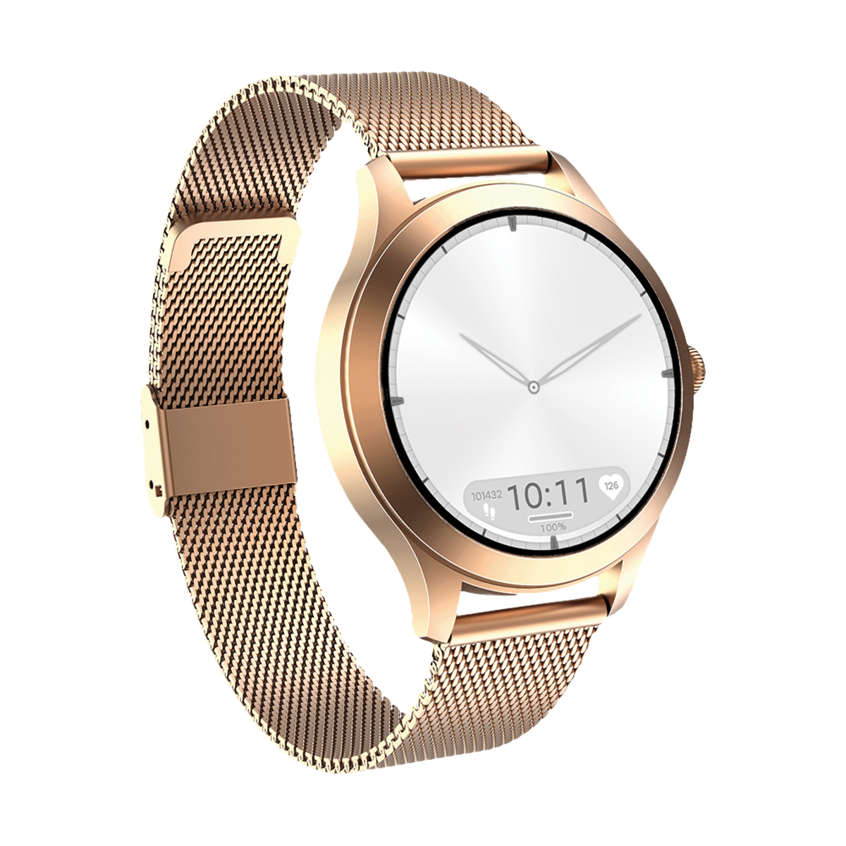 Roségoldene Smartwatch mit Mesh-Armband und weißem Display mit Zeit und Statistiken.