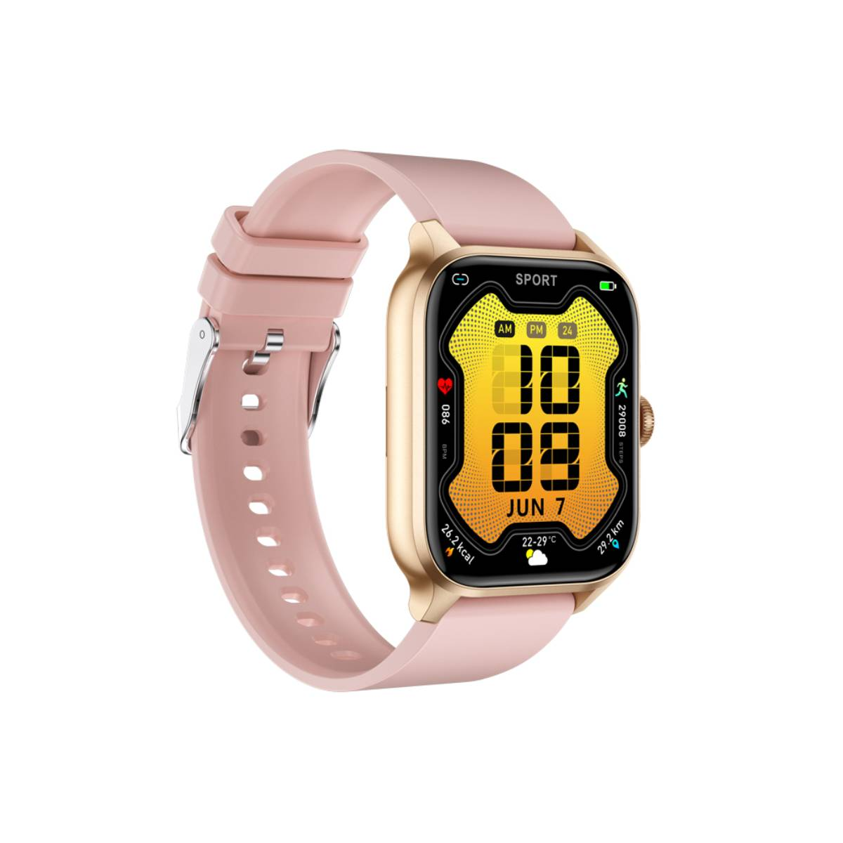 Une montre connectée rose et dorée. L'écran affiche l'heure, la date et les mesures d'activité.