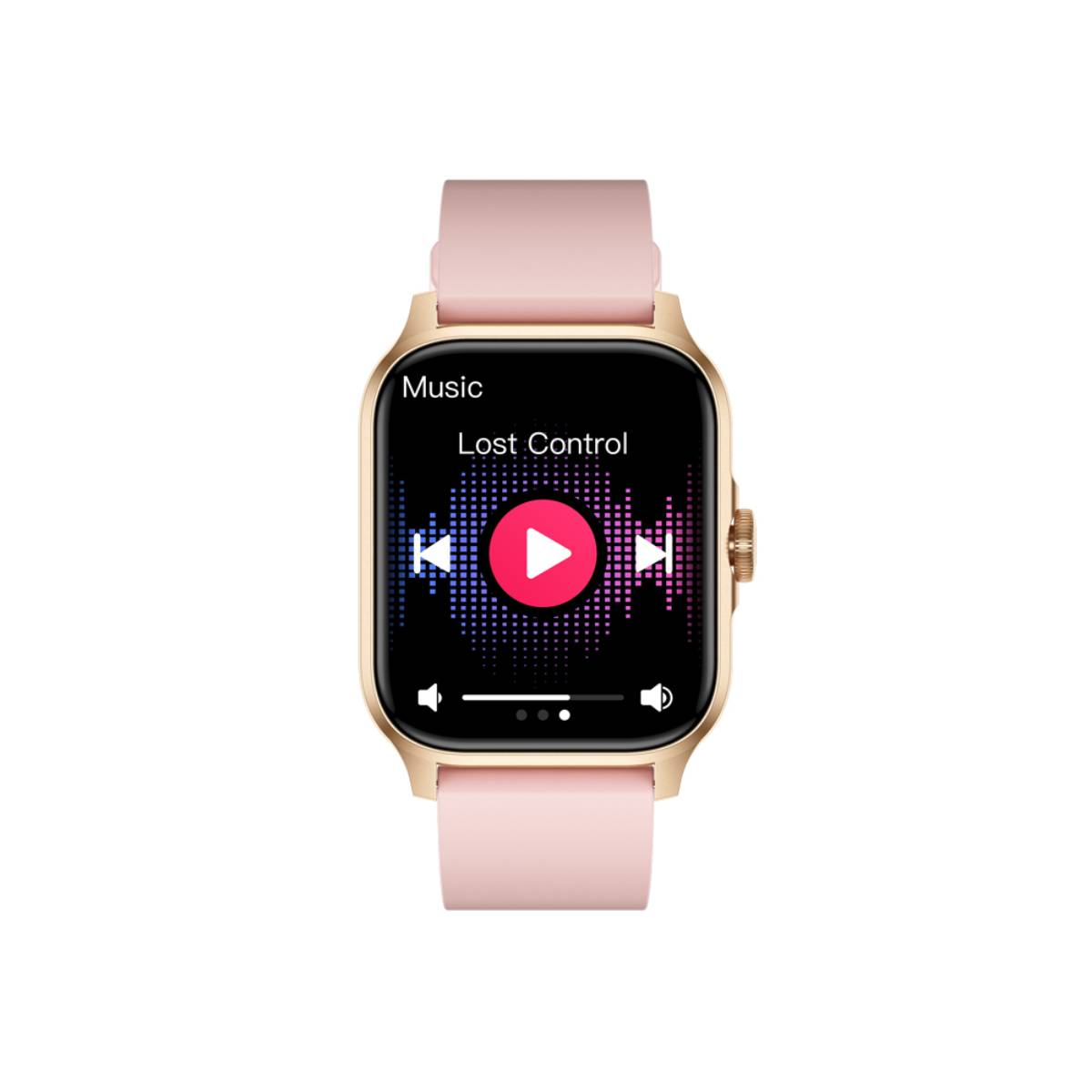Une montre connectée dorée avec un bracelet rose affiche un écran de musique. L'écran affiche un bouton de lecture et des barres musicales.