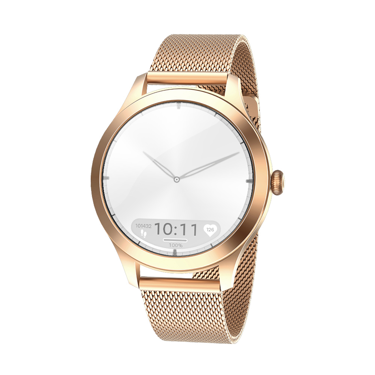 Roségoldene Smartwatch mit rundem Zifferblatt, zeigt Zeit und Gesundheitsmetriken.