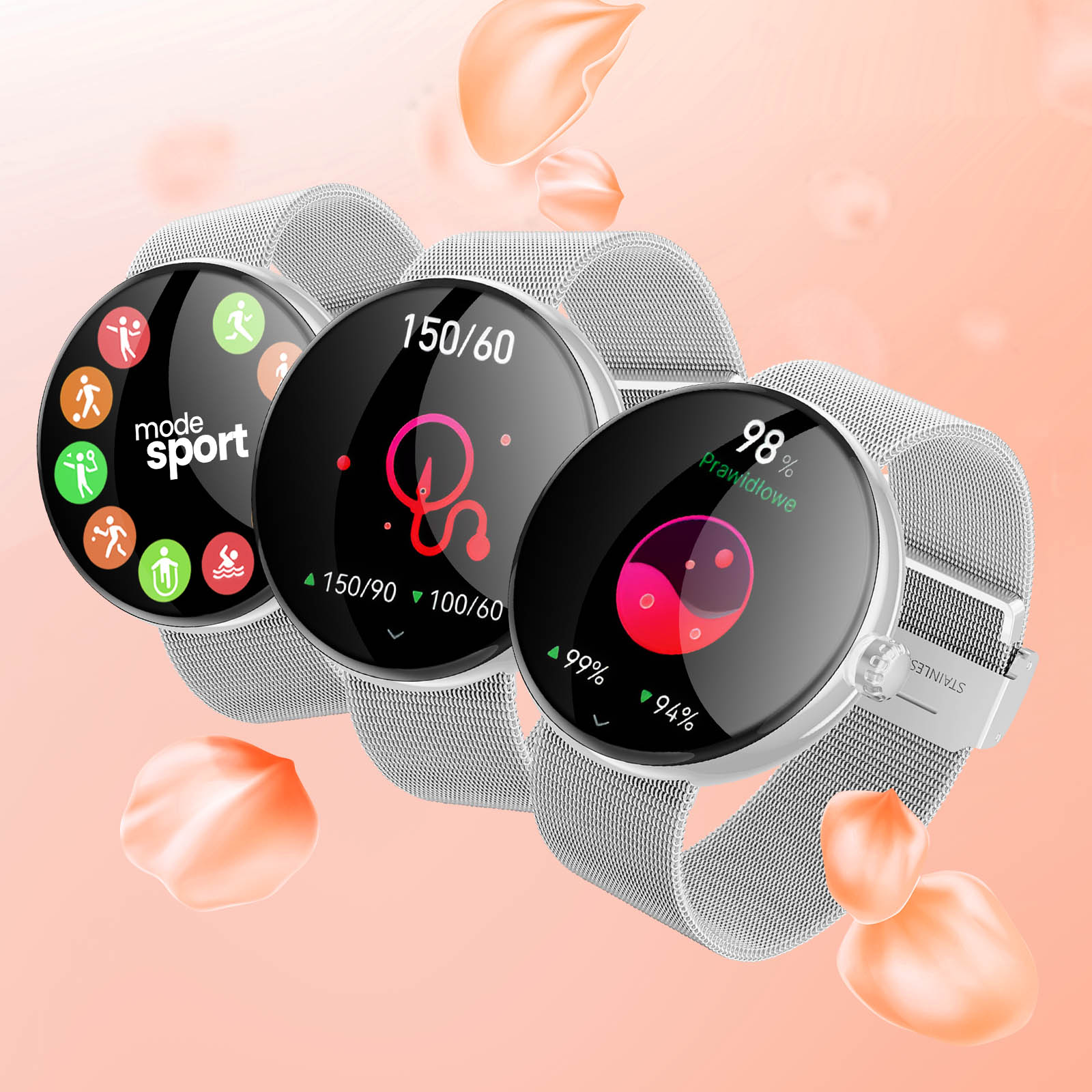 Trzy smartwatche z różnymi ekranami, z różowym tłem i unoszącymi się płatkami kwiatów.