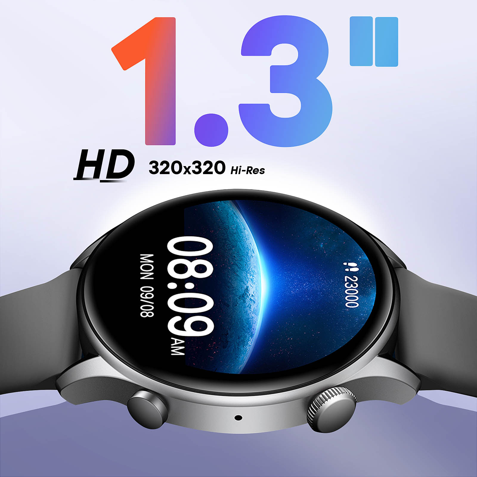 Smartwatch pokazujący godzinę, datę i stan baterii. Tekst mówi HD 1.3" 320x320.