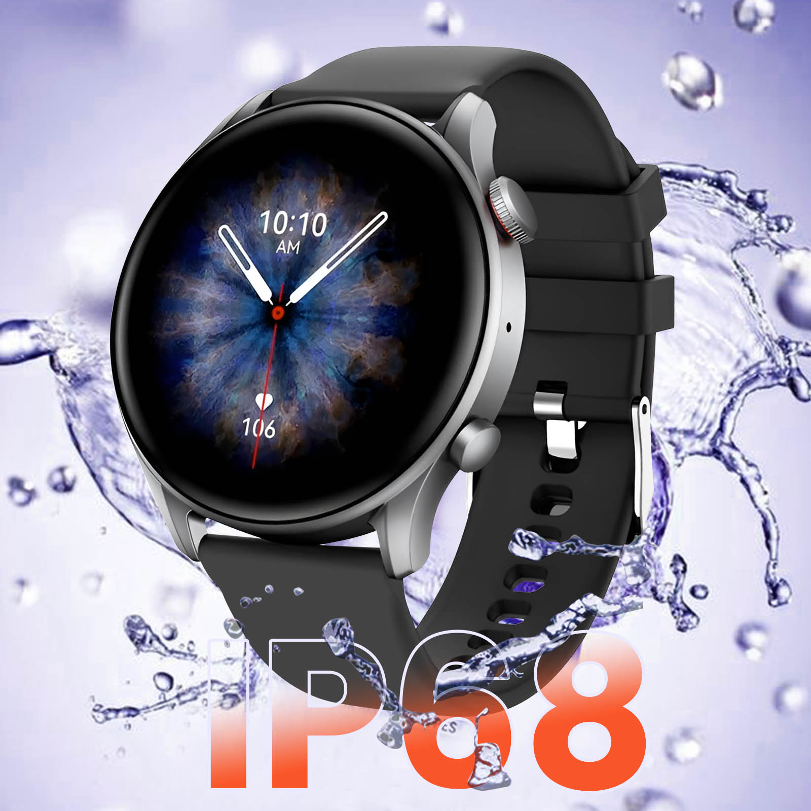 Czarny smartwatch z okrągłym ekranem wyświetlającym godzinę i tętno. Efekt rozprysku wody z pomarańczowym tekstem IP68.