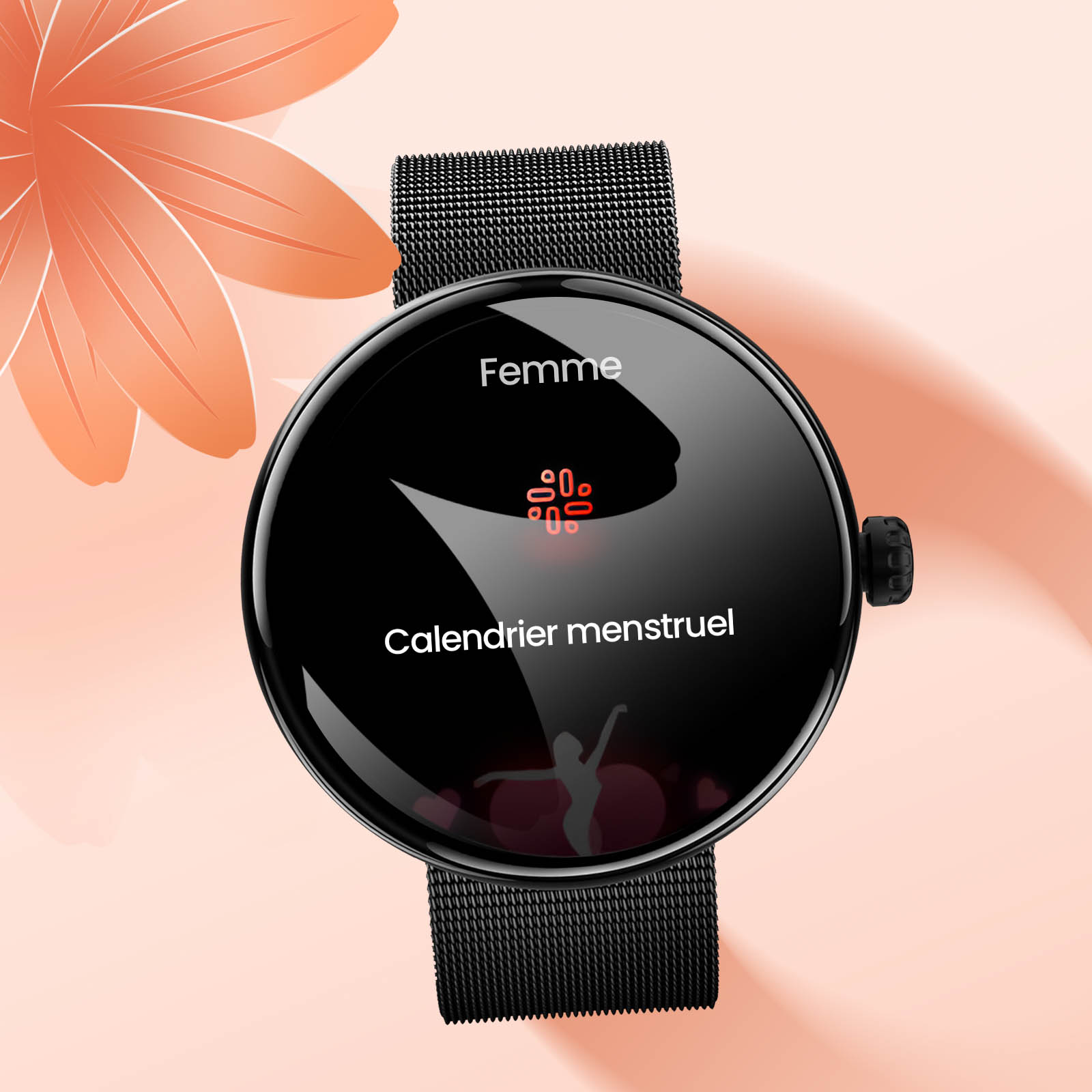 Czarny smartwatch z czarnym paskiem, tarcza wyświetla kalendarz menstruacyjny.