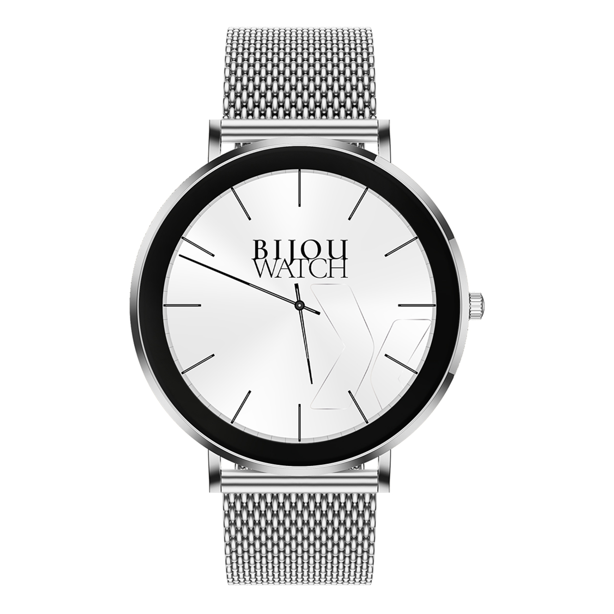 Orologio argento con lunetta nera e cinturino a maglia. Il quadrante ha il nome del marchio.