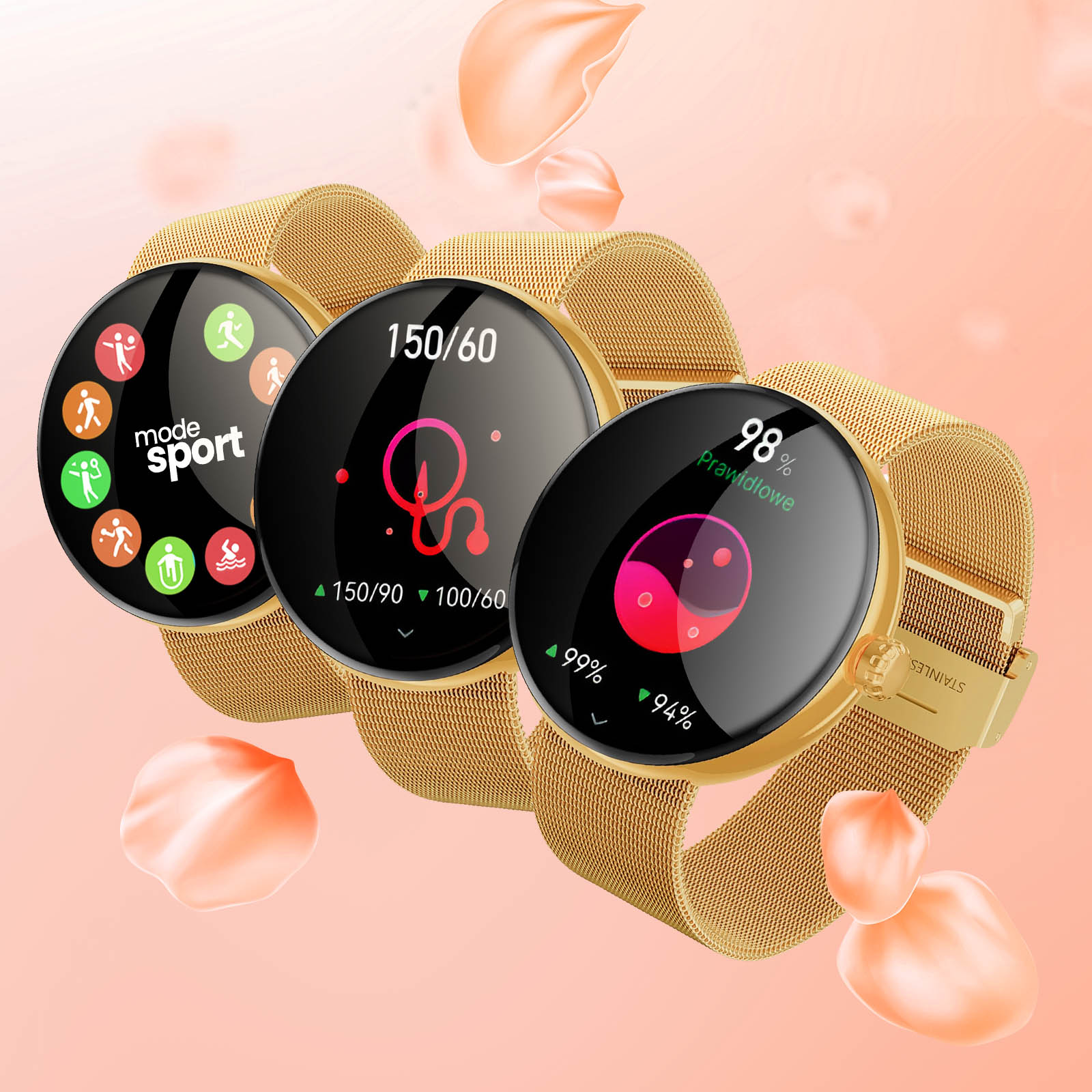 Trzy smartwatche wyświetlające wskaźniki zdrowia na różowym tle z płatkami.