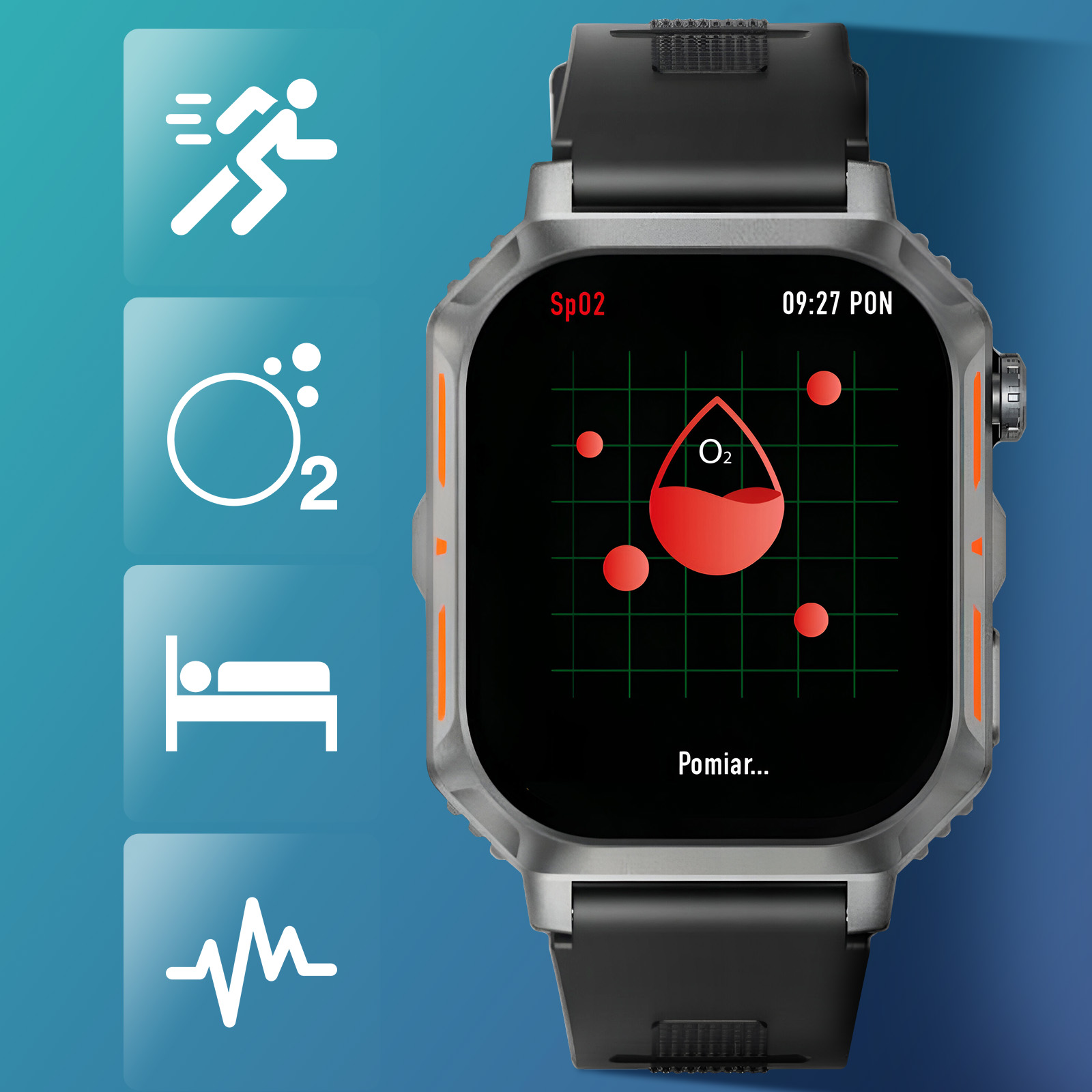 Smartwatch pokazujący SpO2 i inne wskaźniki zdrowia, takie jak tętno i analiza snu na ekranie.