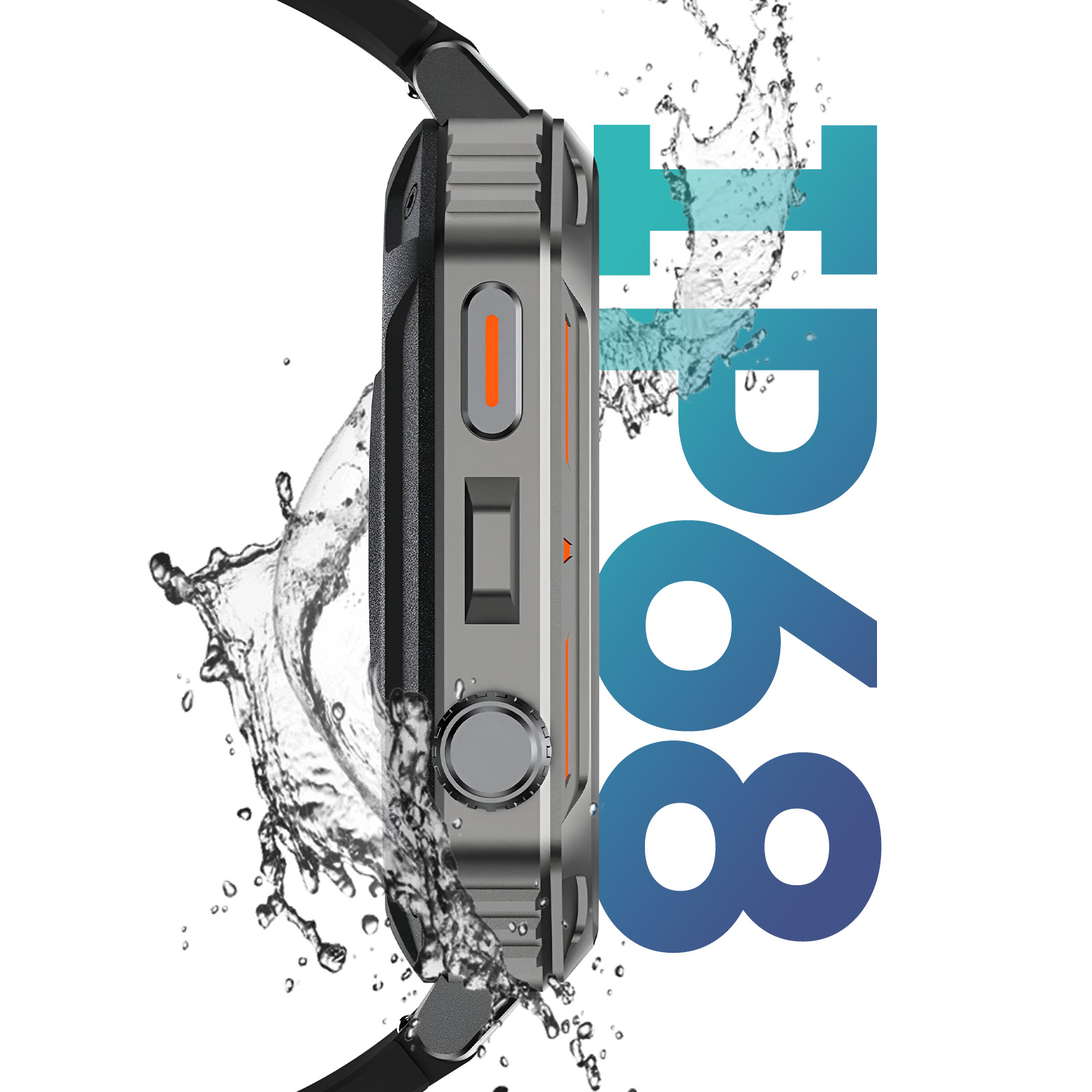 Czarny smartwatch z rozpryskującą się wokół wodą. Tekst „IP68” z boku.