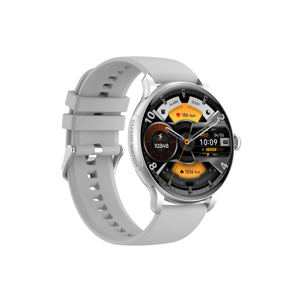 Smartwatch mit grauem Armband. Das Zifferblatt zeigt Gesundheitsdaten wie Herzfrequenz und Schritte.