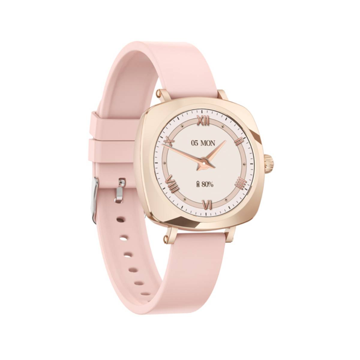 Une montre connectée rose avec un boîtier doré et un bracelet rose clair, indiquant l'heure.