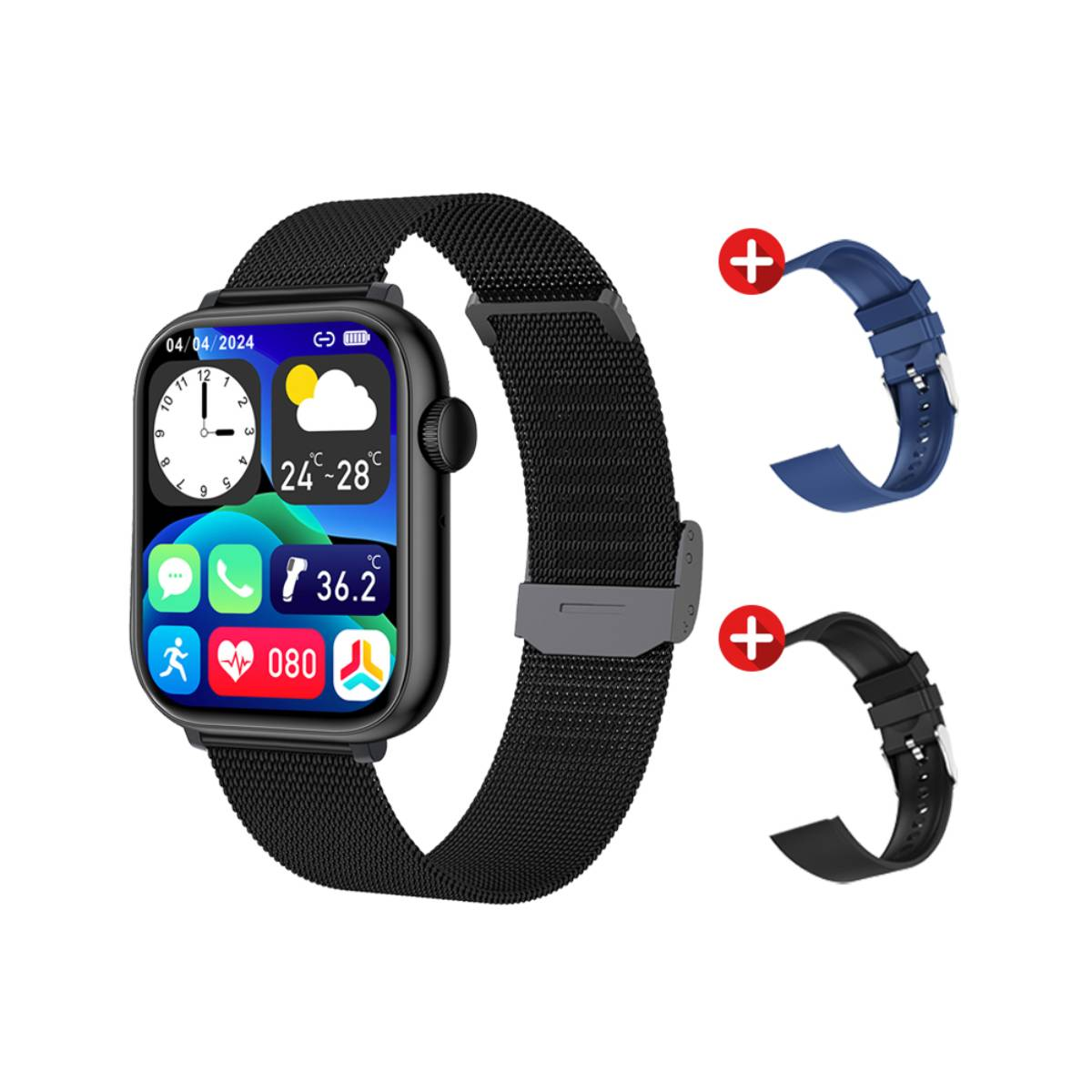 Smartwatch avec un bracelet noir et deux bracelets supplémentaires. Affiche l'heure et les mesures de santé.