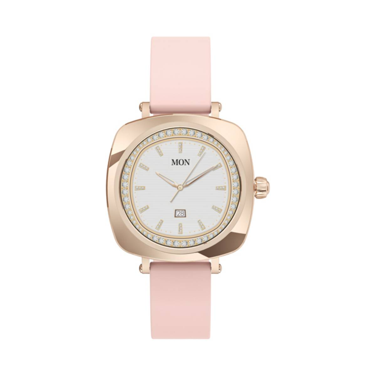 Une montre argentée avec un bracelet en maille et un cadran blanc avec le logo 'BIJOU WATCH'.