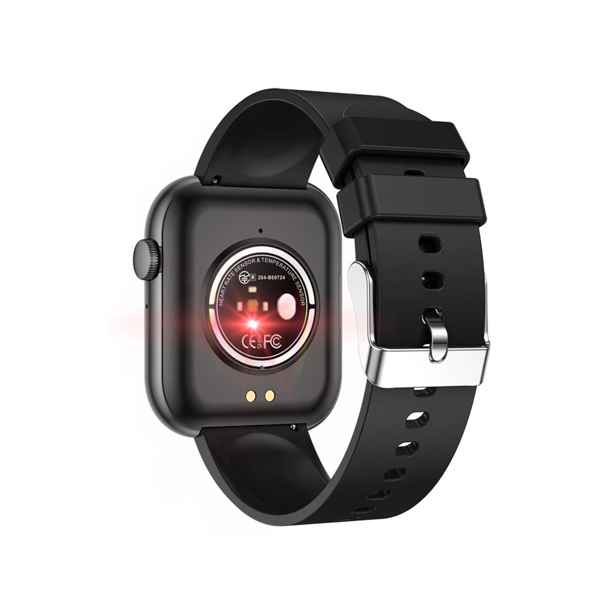 Montre intelligente noire avec bracelet noir. L'arrière affiche les détails du capteur. Montre une lumière rouge.