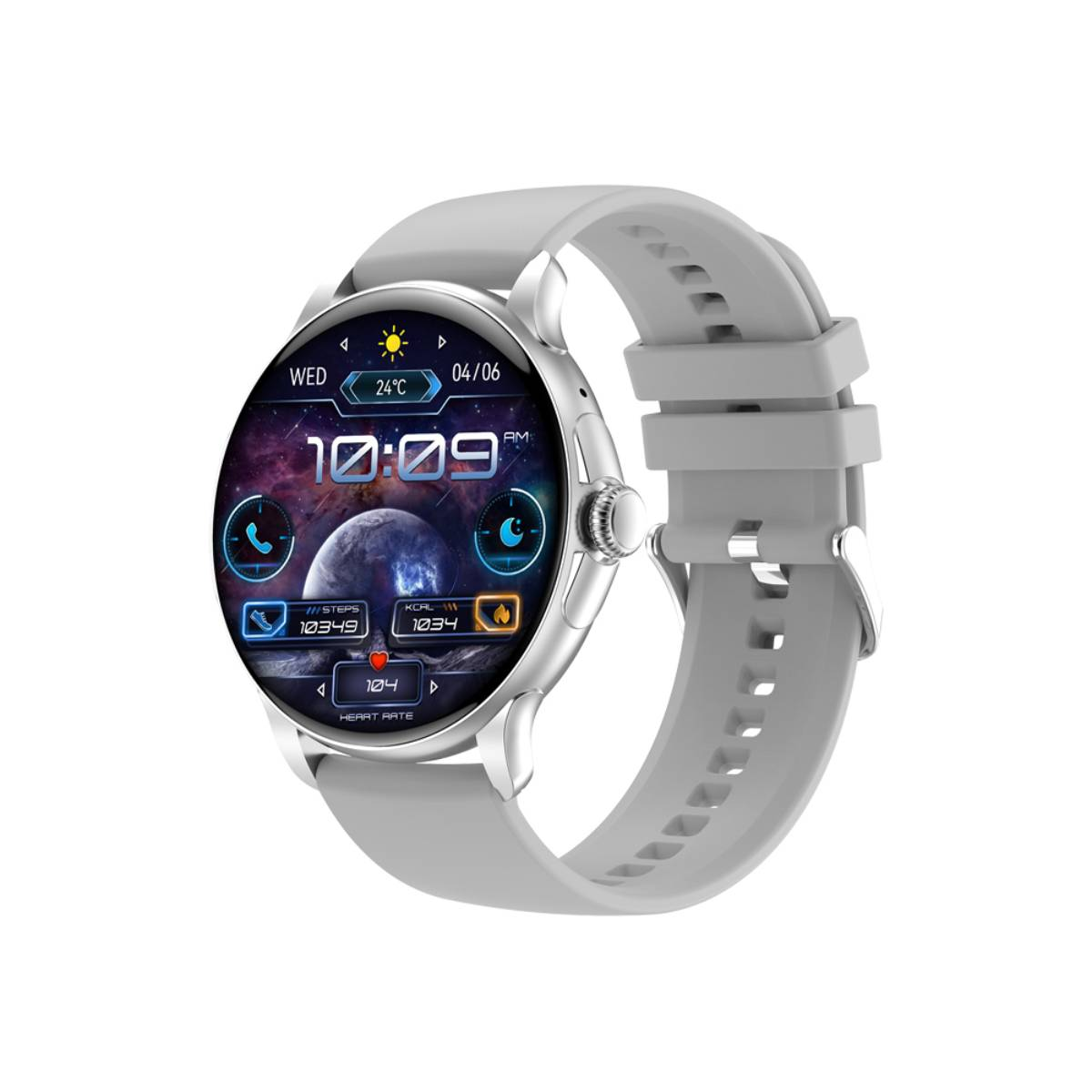 Silberne Smartwatch mit grauem Armband. Die Uhr zeigt Zeit, Wetter und Gesundheitsmetriken an.