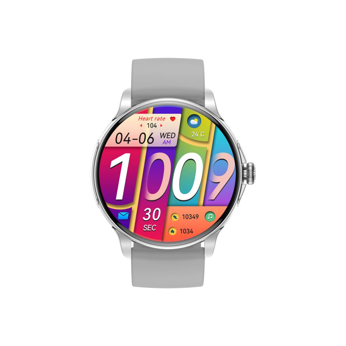 Eine silberne Smartwatch mit grauem Armband. Der Bildschirm zeigt die Uhrzeit, Herzfrequenz und andere Daten.