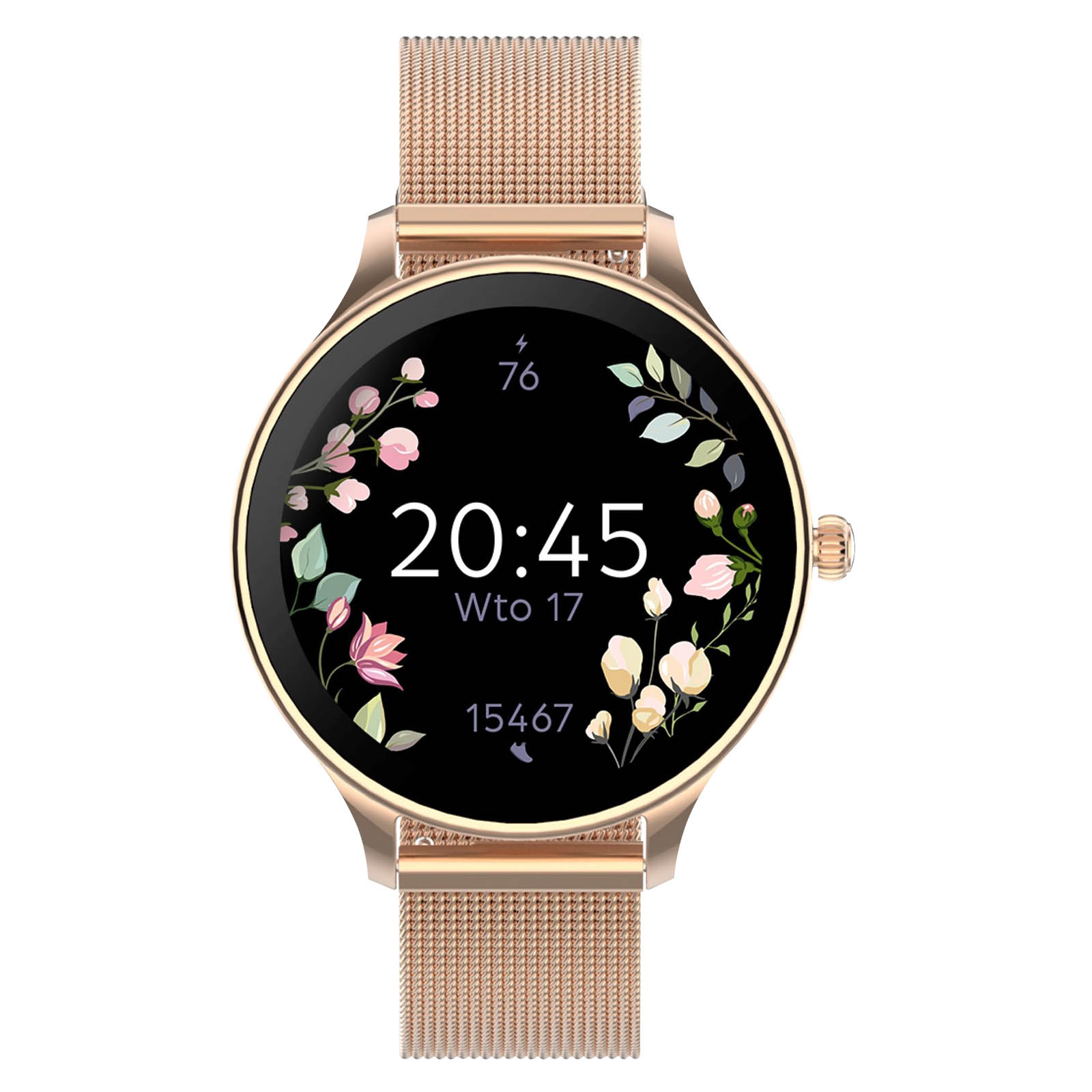Smartwatch z paskiem w kolorze różowego złota, okrągła tarcza wyświetlająca godzinę.
