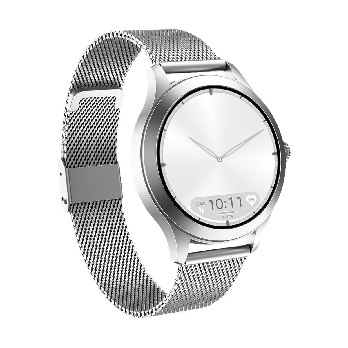 Silberne Smartwatch mit Mesh-Armband und weißem Display mit Zeit und Statistiken.