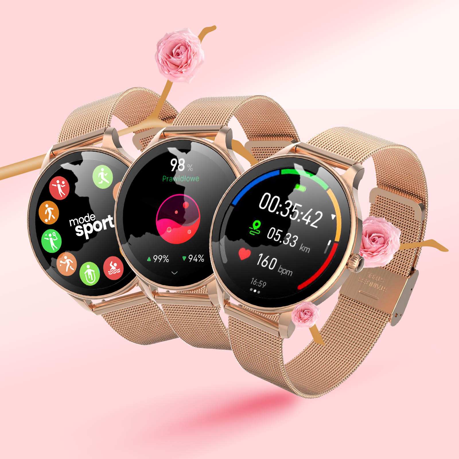 Trzy smartwatche w kolorze różowego złota wyświetlające dane na okrągłych ekranach, z różowymi różami i tłem.