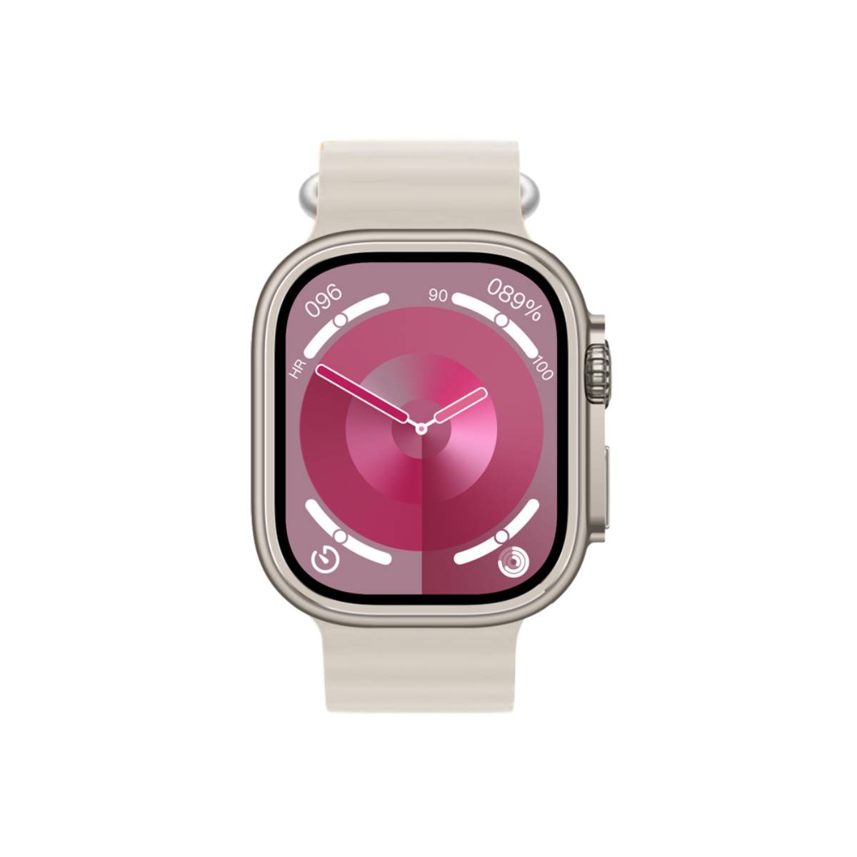 Smartwatch avec écran rond, bracelet beige et cadran intérieur rose avec chiffres et aiguilles.