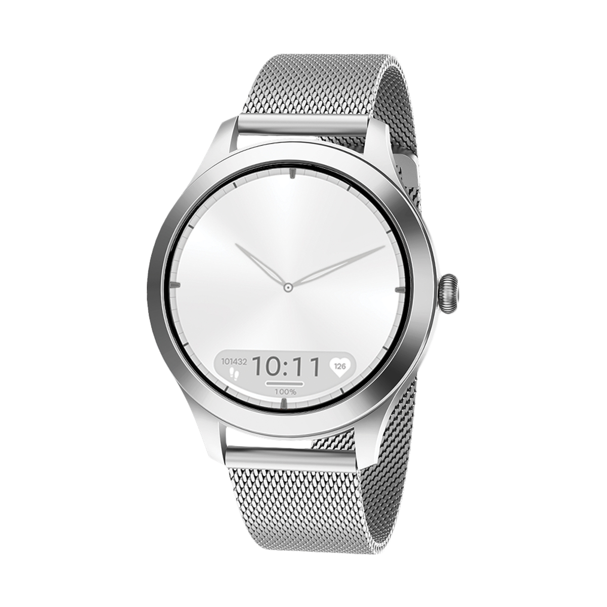 Silberne Smartwatch mit Mesh-Armband. Anzeige zeigt Zeit und Gesundheitsdaten.