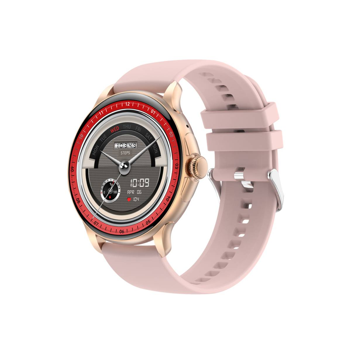 Smartwatch avec bracelet rose affichant l'heure et les pas. La montre a un boîtier doré.