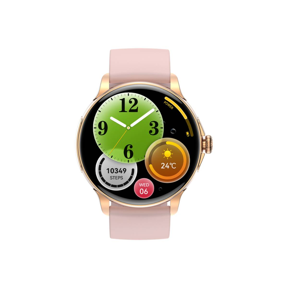Smartwatch rose avec boîtier doré. Le cadran affiche l'heure, les pas et la météo.