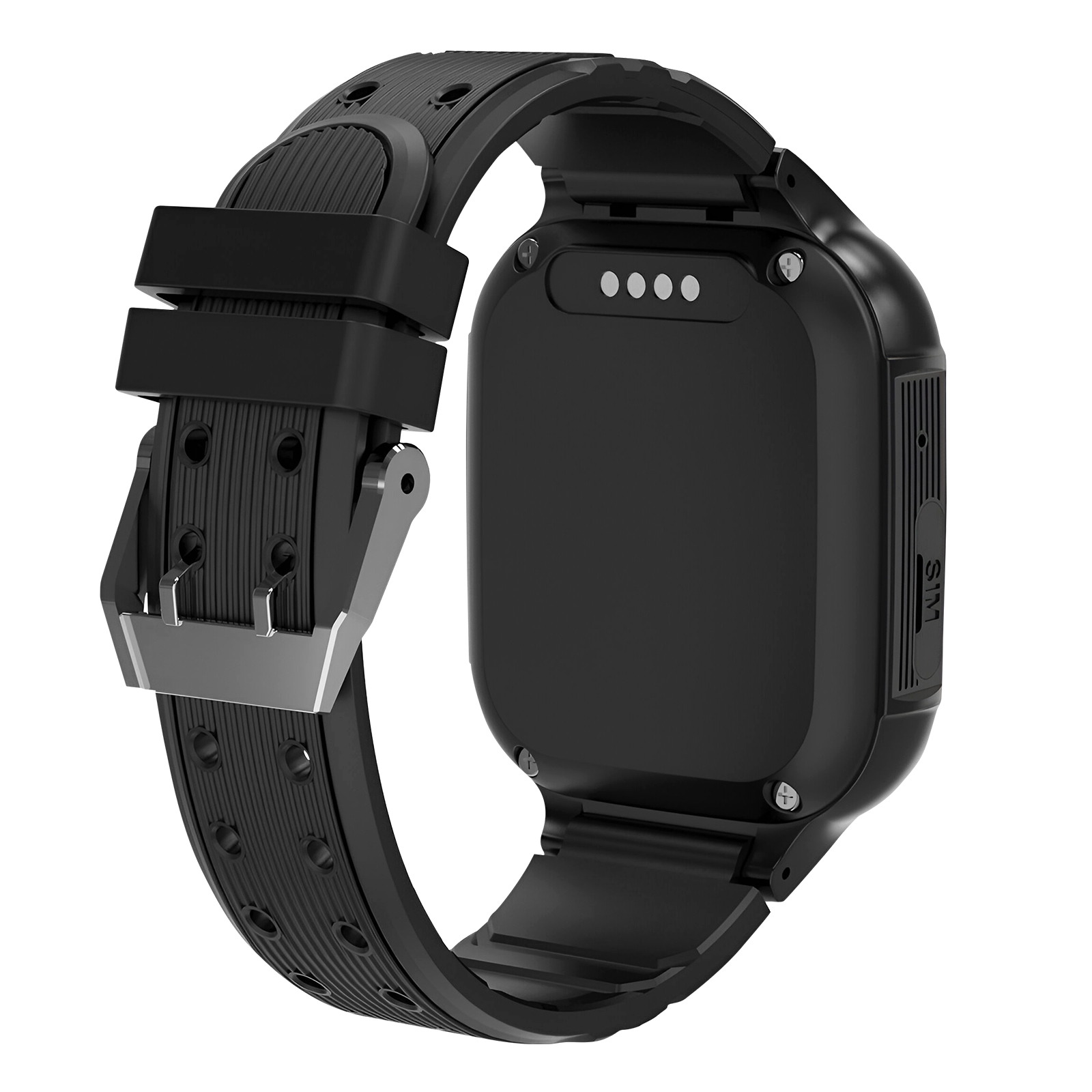 Czarny smartwatch z czarnym paskiem, widok z tyłu.