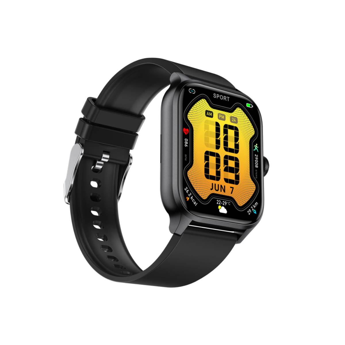 Smartwatch noire avec bracelet noir. L'écran affiche la date, l'heure et les statistiques d'exercice.