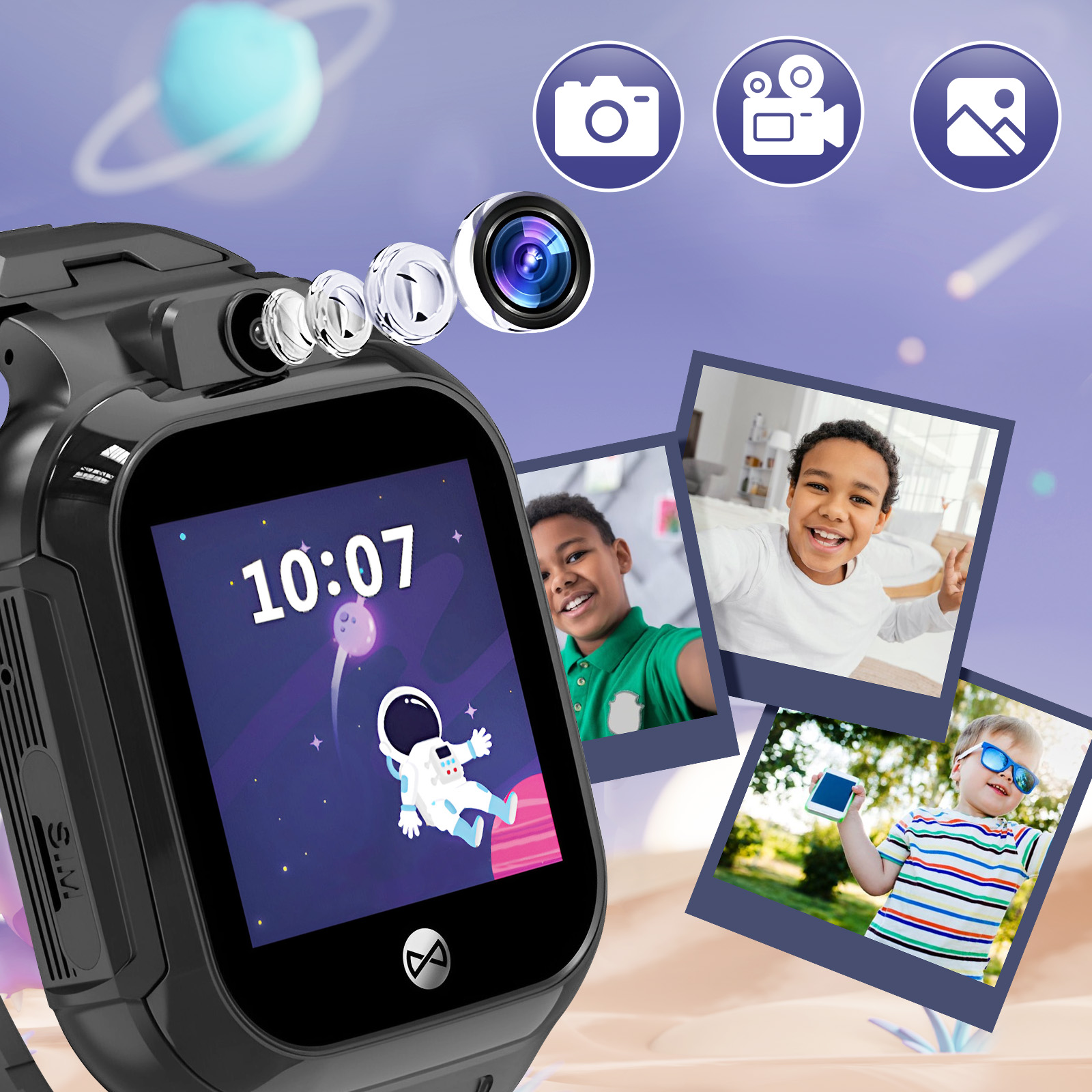 Czarny smartwatch z aparatem i zdjęciami na wyświetlaczu, z ikonami nad ekranem.