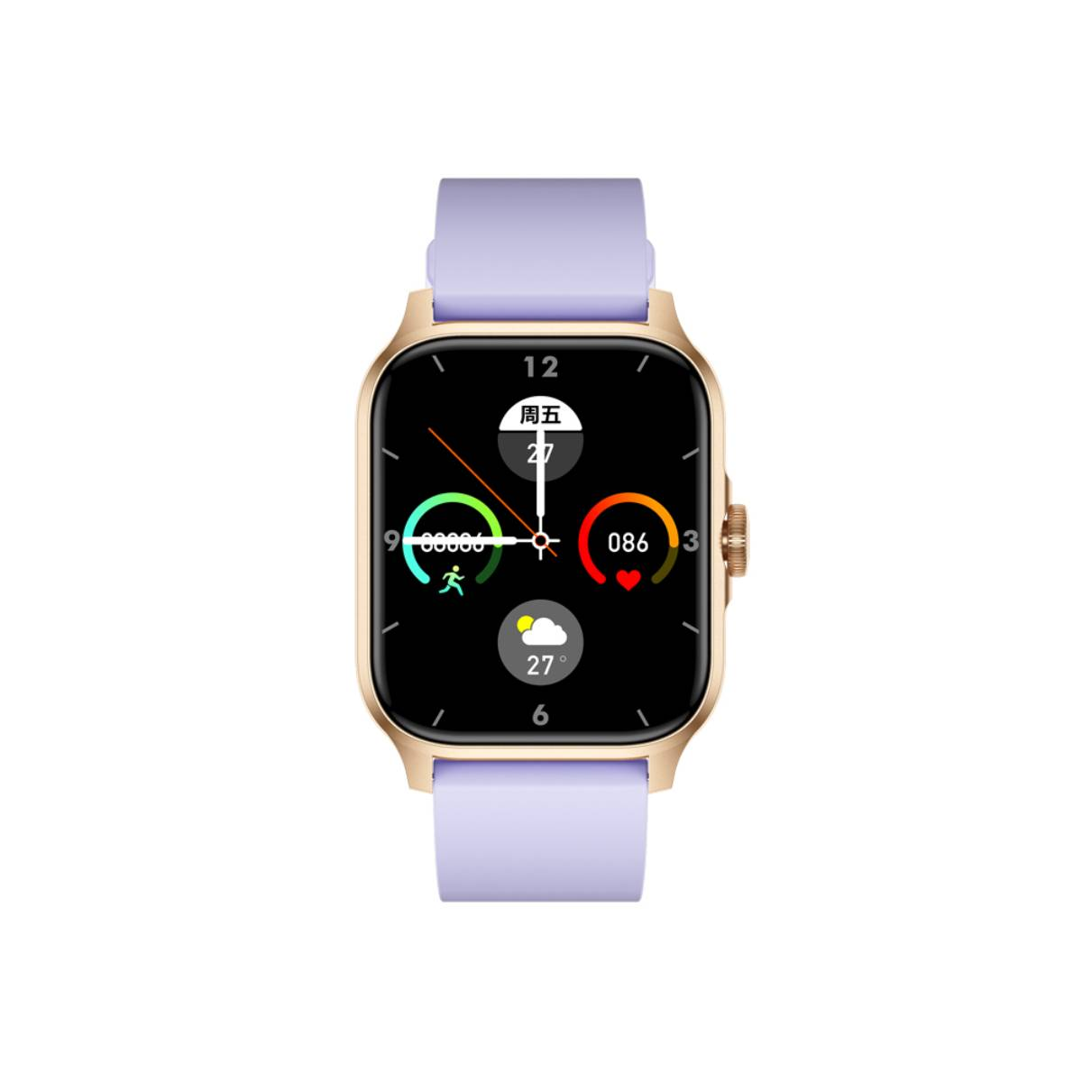 Smartwatch avec bracelet lavande et boîtier doré. L'écran affiche des métriques et l'heure.