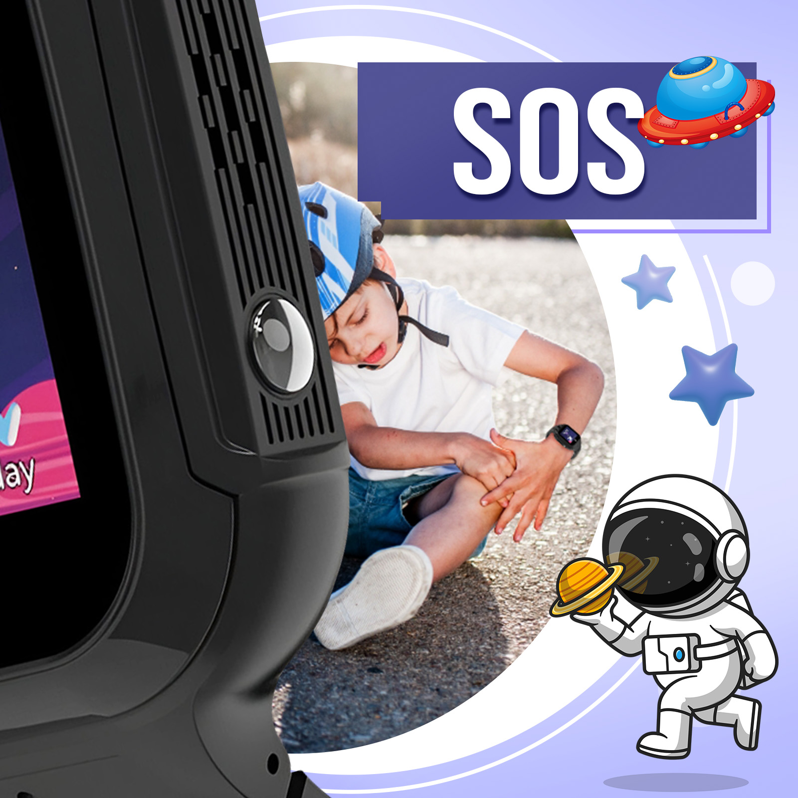 Dziecko na ziemi z obrażeniami. Zegarek, astronauta i tekst 