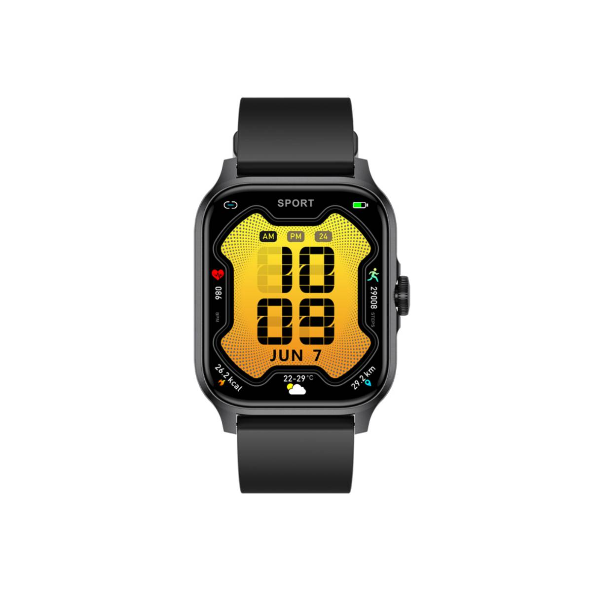 Une smartwatch noire avec un écran jaune affichant des données de fitness.