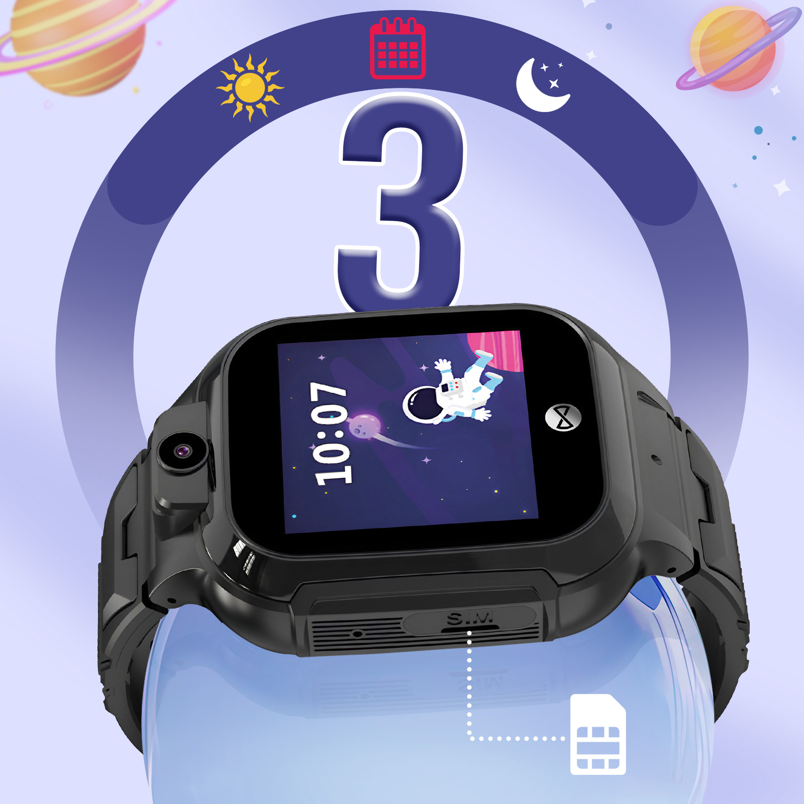 Czarny smartwatch wyświetlający godzinę i datę. Ma niebieskie tło z planetami.